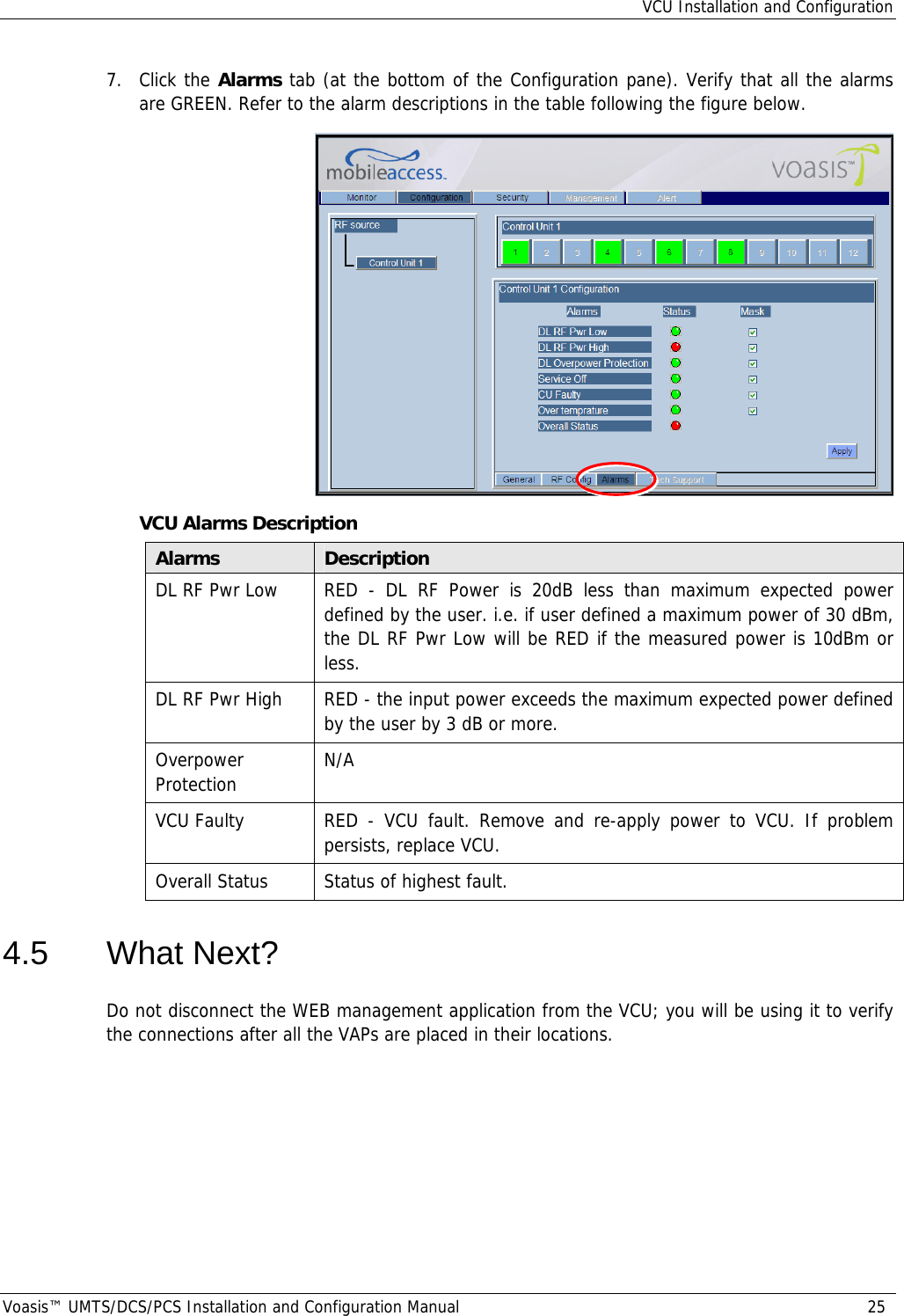 VCU Installation and Configuration Voasis™ UMTS/DCS/PCS Installation and Configuration Manual  25 7. Click the Alarms tab (at the bottom of the Configuration pane). Verify that all the alarms are GREEN. Refer to the alarm descriptions in the table following the figure below.  VCU Alarms Description Alarms  Description DL RF Pwr Low  RED - DL RF Power is 20dB less than maximum expected power defined by the user. i.e. if user defined a maximum power of 30 dBm, the DL RF Pwr Low will be RED if the measured power is 10dBm or less. DL RF Pwr High  RED - the input power exceeds the maximum expected power defined by the user by 3 dB or more. Overpower Protection  N/A  VCU Faulty  RED - VCU fault. Remove and re-apply power to VCU. If problem persists, replace VCU. Overall Status  Status of highest fault.  4.5 What Next? Do not disconnect the WEB management application from the VCU; you will be using it to verify the connections after all the VAPs are placed in their locations. 