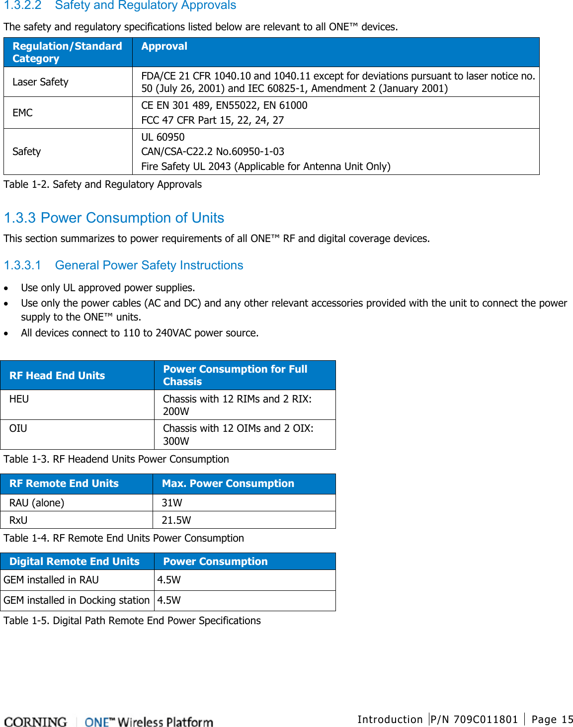  Introduction P/N 709C011801 Page 15   1.3.2.2  Safety and Regulatory Approvals The safety and regulatory specifications listed below are relevant to all ONE™ devices. Regulation/Standard Category Approval Laser Safety FDA/CE 21 CFR 1040.10 and 1040.11 except for deviations pursuant to laser notice no. 50 (July 26, 2001) and IEC 60825-1, Amendment 2 (January 2001) EMC CE EN 301 489, EN55022, EN 61000 FCC 47 CFR Part 15, 22, 24, 27 Safety UL 60950 CAN/CSA-C22.2 No.60950-1-03 Fire Safety UL 2043 (Applicable for Antenna Unit Only) Table  1-2. Safety and Regulatory Approvals  1.3.3 Power Consumption of Units This section summarizes to power requirements of all ONE™ RF and digital coverage devices.   1.3.3.1  General Power Safety Instructions • Use only UL approved power supplies. • Use only the power cables (AC and DC) and any other relevant accessories provided with the unit to connect the power supply to the ONE™ units. • All devices connect to 110 to 240VAC power source.  RF Head End Units Power Consumption for Full Chassis HEU   Chassis with 12 RIMs and 2 RIX: 200W OIU  Chassis with 12 OIMs and 2 OIX: 300W Table  1-3. RF Headend Units Power Consumption RF Remote End Units Max. Power Consumption RAU (alone) 31W RxU 21.5W Table  1-4. RF Remote End Units Power Consumption Digital Remote End Units Power Consumption GEM installed in RAU 4.5W GEM installed in Docking station 4.5W Table  1-5. Digital Path Remote End Power Specifications    