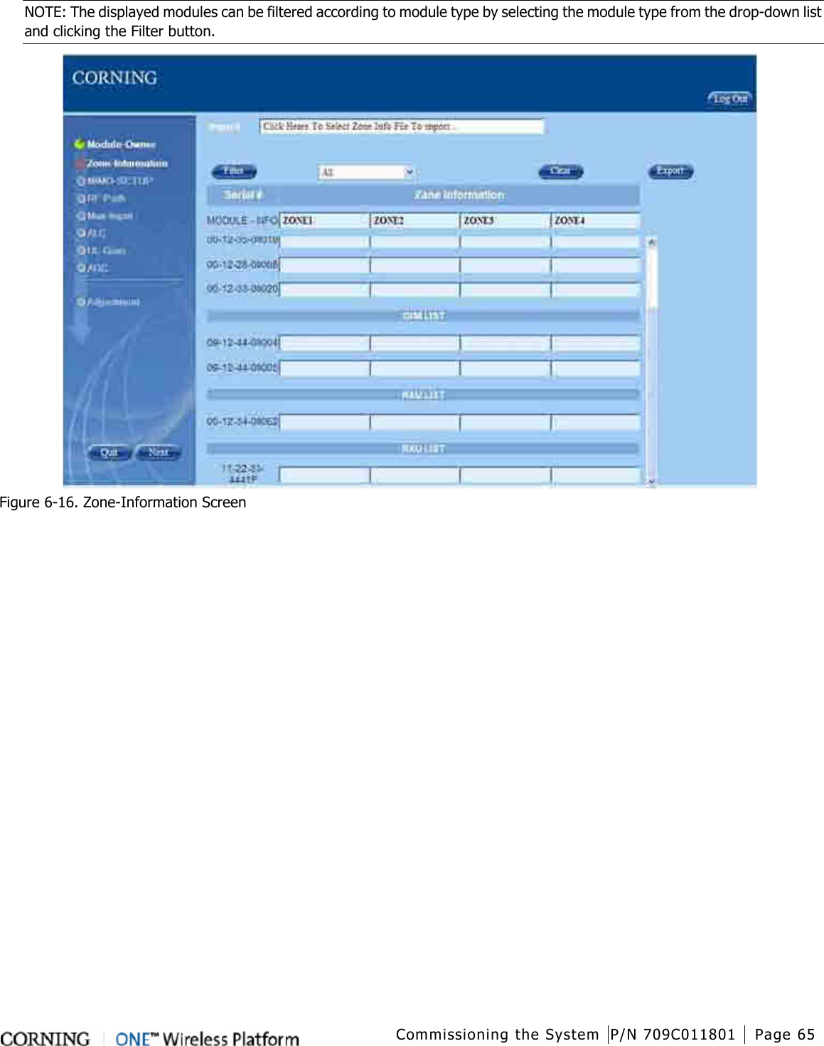  Commissioning the System P/N 709C011801 Page 65   NOTE: The displayed modules can be filtered according to module type by selecting the module type from the drop-down list and clicking the Filter button.  Figure  6-16. Zone-Information Screen    