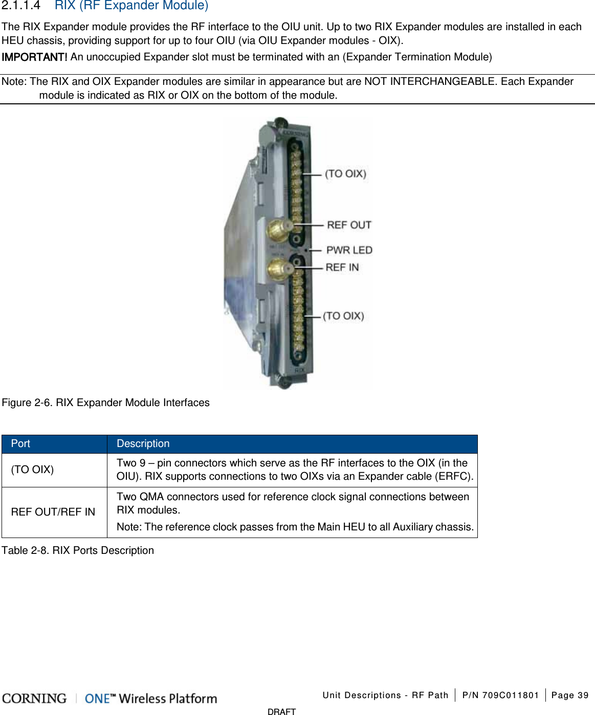 Unit Descriptions - RF Path P/N 709C011801 Page 39 DRAFT 2.1.1.4 RIX (RF Expander Module) The RIX Expander module provides the RF interface to the OIU unit. Up to two RIX Expander modules are installed in each HEU chassis, providing support for up to four OIU (via OIU Expander modules - OIX). IMPORTANT! An unoccupied Expander slot must be terminated with an (Expander Termination Module) Note: The RIX and OIX Expander modules are similar in appearance but are NOT INTERCHANGEABLE. Each Expander module is indicated as RIX or OIX on the bottom of the module. Figure 2-6. RIX Expander Module Interfaces Port Description (TO OIX) Two 9 – pin connectors which serve as the RF interfaces to the OIX (in the OIU). RIX supports connections to two OIXs via an Expander cable (ERFC). REF OUT/REF IN Two QMA connectors used for reference clock signal connections between RIX modules. Note: The reference clock passes from the Main HEU to all Auxiliary chassis. Table 2-8. RIX Ports Description