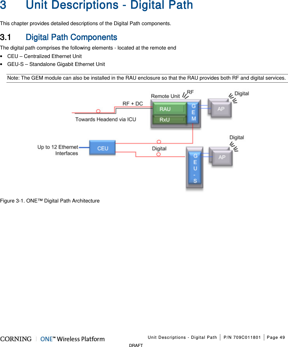 Unit Descriptions - Digital Path P/N 709C011801 Page 49 DRAFT 3 Unit Descriptions - Digital Path This chapter provides detailed descriptions of the Digital Path components. 3.1 Digital Path Components The digital path comprises the following elements - located at the remote end • CEU – Centralized Ethernet Unit • GEU-S – Standalone Gigabit Ethernet Unit Note: The GEM module can also be installed in the RAU enclosure so that the RAU provides both RF and digital services. Figure 3-1. ONE™ Digital Path Architecture