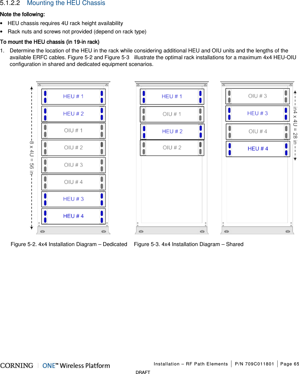 Installation – RF Path Elements P/N 709C011801 Page 65 DRAFT 5.1.2.2 Mounting the HEU Chassis Note the following: • HEU chassis requires 4U rack height availability • Rack nuts and screws not provided (depend on rack type) To mount the HEU chassis (in 19-in rack) 1. Determine the location of the HEU in the rack while considering additional HEU and OIU units and the lengths of the available ERFC cables. Figure 5-2 and Figure 5-3 illustrate the optimal rack installations for a maximum 4x4 HEU-OIU configuration in shared and dedicated equipment scenarios. Figure 5-2. 4x4 Installation Diagram – Dedicated Figure 5-3. 4x4 Installation Diagram – Shared
