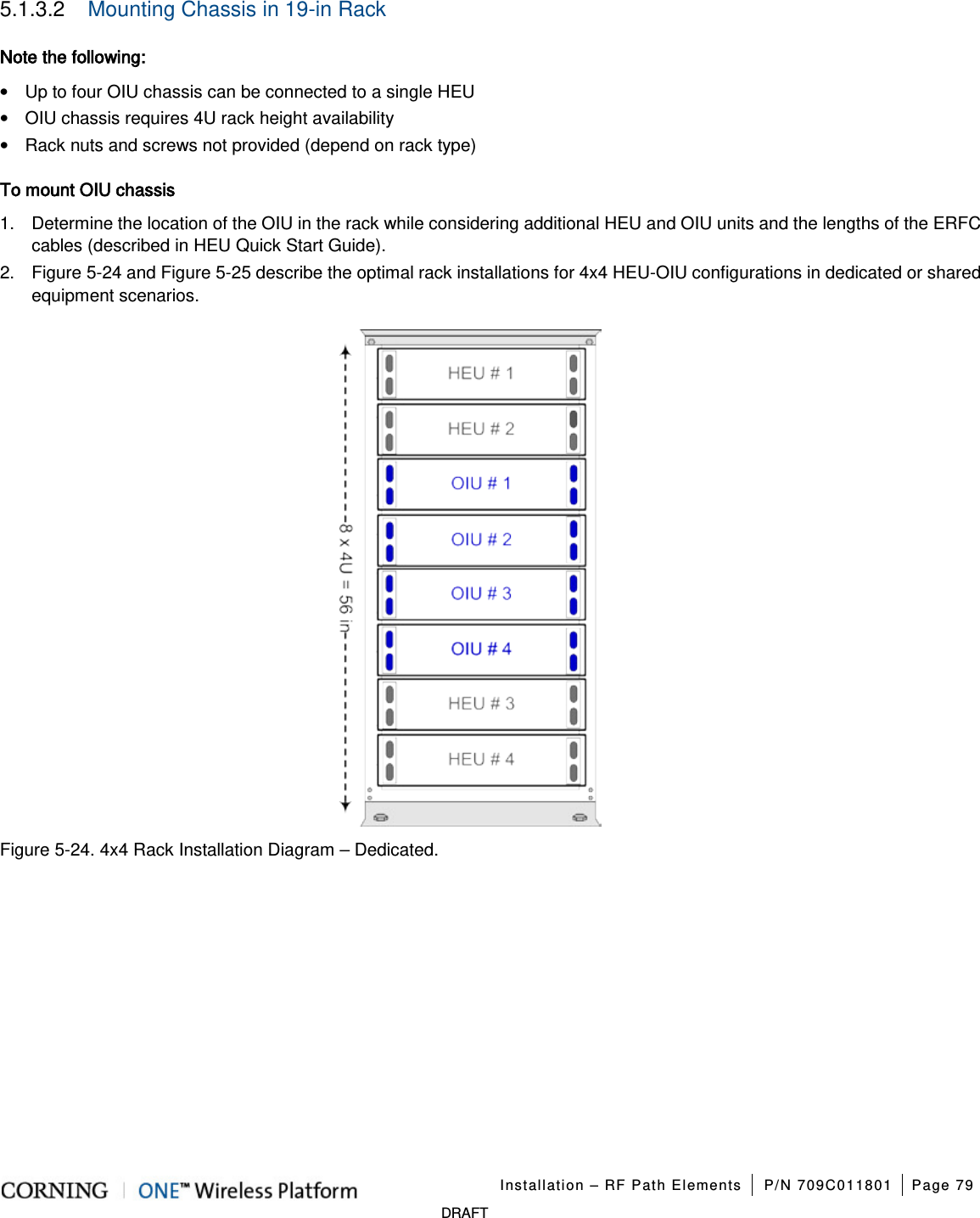 Installation – RF Path Elements P/N 709C011801 Page 79 DRAFT 5.1.3.2 Mounting Chassis in 19-in Rack Note the following: • Up to four OIU chassis can be connected to a single HEU • OIU chassis requires 4U rack height availability • Rack nuts and screws not provided (depend on rack type) To mount OIU chassis 1. Determine the location of the OIU in the rack while considering additional HEU and OIU units and the lengths of the ERFC cables (described in HEU Quick Start Guide). 2. Figure 5-24 and Figure 5-25 describe the optimal rack installations for 4x4 HEU-OIU configurations in dedicated or shared equipment scenarios. Figure 5-24. 4x4 Rack Installation Diagram – Dedicated.
