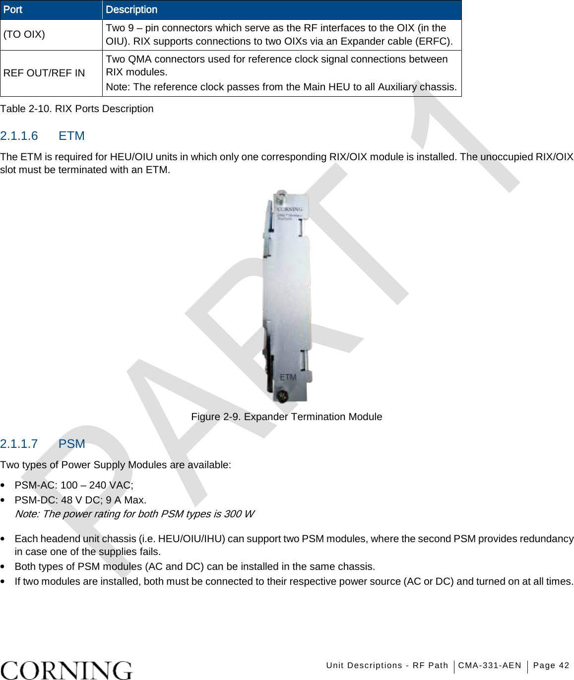    Unit Descriptions - RF Path CMA-331-AEN Page 42    Port Description (TO OIX) Two 9 – pin connectors which serve as the RF interfaces to the OIX (in the OIU). RIX supports connections to two OIXs via an Expander cable (ERFC). REF OUT/REF IN Two QMA connectors used for reference clock signal connections between RIX modules.   Note: The reference clock passes from the Main HEU to all Auxiliary chassis.  Table  2-10. RIX Ports Description 2.1.1.6  ETM   The ETM is required for HEU/OIU units in which only one corresponding RIX/OIX module is installed. The unoccupied RIX/OIX slot must be terminated with an ETM.  Figure  2-9. Expander Termination Module 2.1.1.7  PSM   Two types of Power Supply Modules are available: • PSM-AC: 100 – 240 VAC;   • PSM-DC: 48 V DC; 9 A Max. Note: The power rating for both PSM types is 300 W • Each headend unit chassis (i.e. HEU/OIU/IHU) can support two PSM modules, where the second PSM provides redundancy in case one of the supplies fails. • Both types of PSM modules (AC and DC) can be installed in the same chassis. • If two modules are installed, both must be connected to their respective power source (AC or DC) and turned on at all times.   