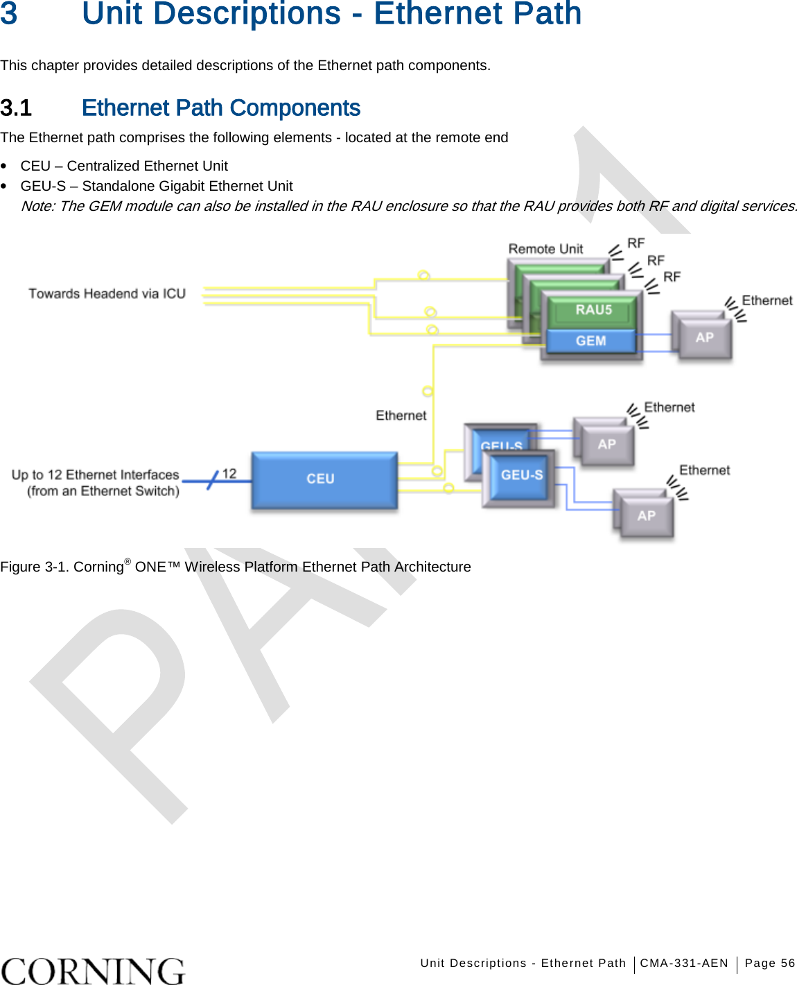   Unit Descriptions - Ethernet Path CMA-331-AEN Page 56   3 Unit Descriptions - Ethernet Path This chapter provides detailed descriptions of the Ethernet path components.    3.1 Ethernet Path Components The Ethernet path comprises the following elements - located at the remote end • CEU – Centralized Ethernet Unit • GEU-S – Standalone Gigabit Ethernet Unit   Note: The GEM module can also be installed in the RAU enclosure so that the RAU provides both RF and digital services.  Figure  3-1. Corning® ONE™ Wireless Platform Ethernet Path Architecture  