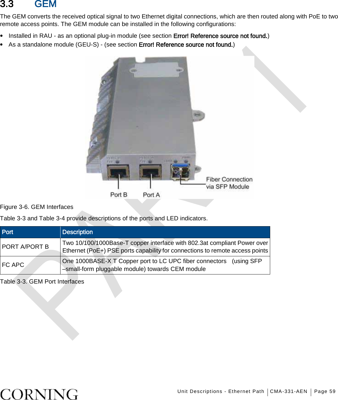    Unit Descriptions - Ethernet Path CMA-331-AEN Page 59   3.3 GEM The GEM converts the received optical signal to two Ethernet digital connections, which are then routed along with PoE to two remote access points. The GEM module can be installed in the following configurations:   • Installed in RAU - as an optional plug-in module (see section Error! Reference source not found.) • As a standalone module (GEU-S) - (see section Error! Reference source not found.)  Figure  3-6. GEM Interfaces Table  3-3 and Table  3-4 provide descriptions of the ports and LED indicators. Port Description PORT A/PORT B Two 10/100/1000Base-T copper interface with 802.3at compliant Power over Ethernet (PoE+) PSE ports capability for connections to remote access points FC APC One 1000BASE-X T Copper port to LC UPC fiber connectors    (using SFP –small-form pluggable module) towards CEM module Table  3-3. GEM Port Interfaces    