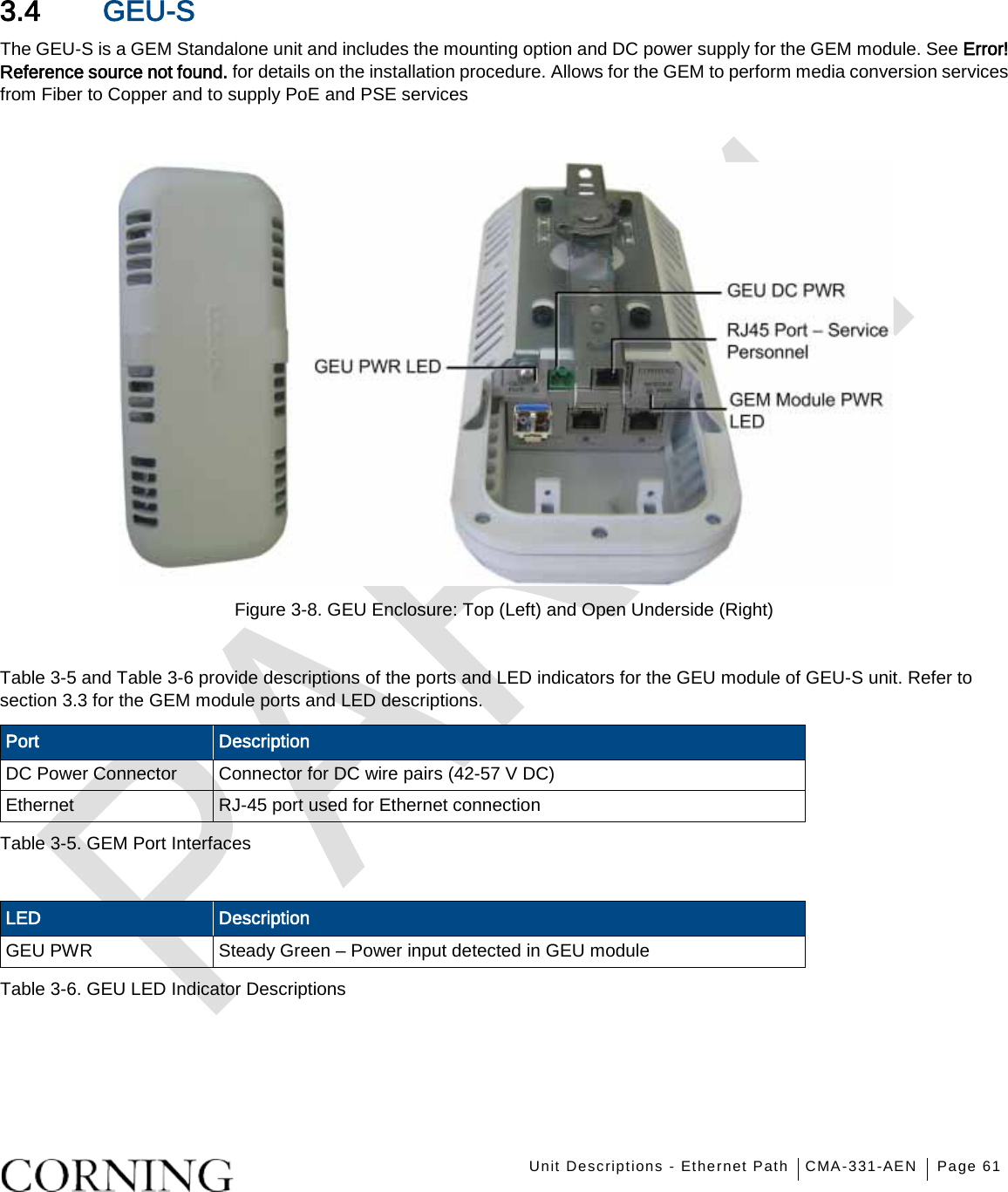    Unit Descriptions - Ethernet Path CMA-331-AEN Page 61   3.4 GEU-S The GEU-S is a GEM Standalone unit and includes the mounting option and DC power supply for the GEM module. See Error! Reference source not found. for details on the installation procedure. Allows for the GEM to perform media conversion services from Fiber to Copper and to supply PoE and PSE services   Figure  3-8. GEU Enclosure: Top (Left) and Open Underside (Right)  Table  3-5 and Table  3-6 provide descriptions of the ports and LED indicators for the GEU module of GEU-S unit. Refer to section  3.3 for the GEM module ports and LED descriptions. Port Description DC Power Connector Connector for DC wire pairs (42-57 V DC) Ethernet RJ-45 port used for Ethernet connection   Table  3-5. GEM Port Interfaces  LED Description GEU PWR Steady Green – Power input detected in GEU module Table  3-6. GEU LED Indicator Descriptions   