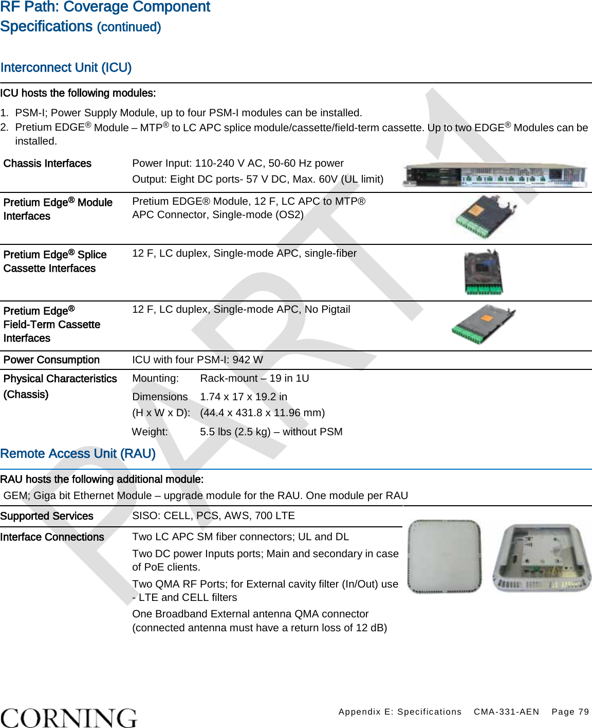    Appendix E: Specifications CMA-331-AEN Page 79  RF Path: Coverage Component Specifications (continued)  Interconnect Unit (ICU)   ICU hosts the following modules: 1.  PSM-I; Power Supply Module, up to four PSM-I modules can be installed. 2.  Pretium EDGE® Module – MTP® to LC APC splice module/cassette/field-term cassette. Up to two EDGE® Modules can be installed. Chassis Interfaces   Power Input: 110-240 V AC, 50-60 Hz power Output: Eight DC ports- 57 V DC, Max. 60V (UL limit) Pretium Edge® Module Interfaces Pretium EDGE® Module, 12 F, LC APC to MTP® APC Connector, Single-mode (OS2)  Pretium Edge® Splice Cassette Interfaces 12 F, LC duplex, Single-mode APC, single-fiber  Pretium Edge® Field-Term Cassette Interfaces 12 F, LC duplex, Single-mode APC, No Pigtail  Power Consumption ICU with four PSM-I: 942 W Physical Characteristics (Chassis)  Mounting: Rack-mount – 19 in 1U Dimensions   (H x W x D): 1.74 x 17 x 19.2 in   (44.4 x 431.8 x 11.96 mm) Weight:  5.5 lbs (2.5 kg) – without PSM Remote Access Unit (RAU)   RAU hosts the following additional module: GEM; Giga bit Ethernet Module – upgrade module for the RAU. One module per RAU Supported Services SISO: CELL, PCS, AWS, 700 LTE     Interface Connections Two LC APC SM fiber connectors; UL and DL Two DC power Inputs ports; Main and secondary in case of PoE clients.   Two QMA RF Ports; for External cavity filter (In/Out) use - LTE and CELL filters One Broadband External antenna QMA connector (connected antenna must have a return loss of 12 dB)   