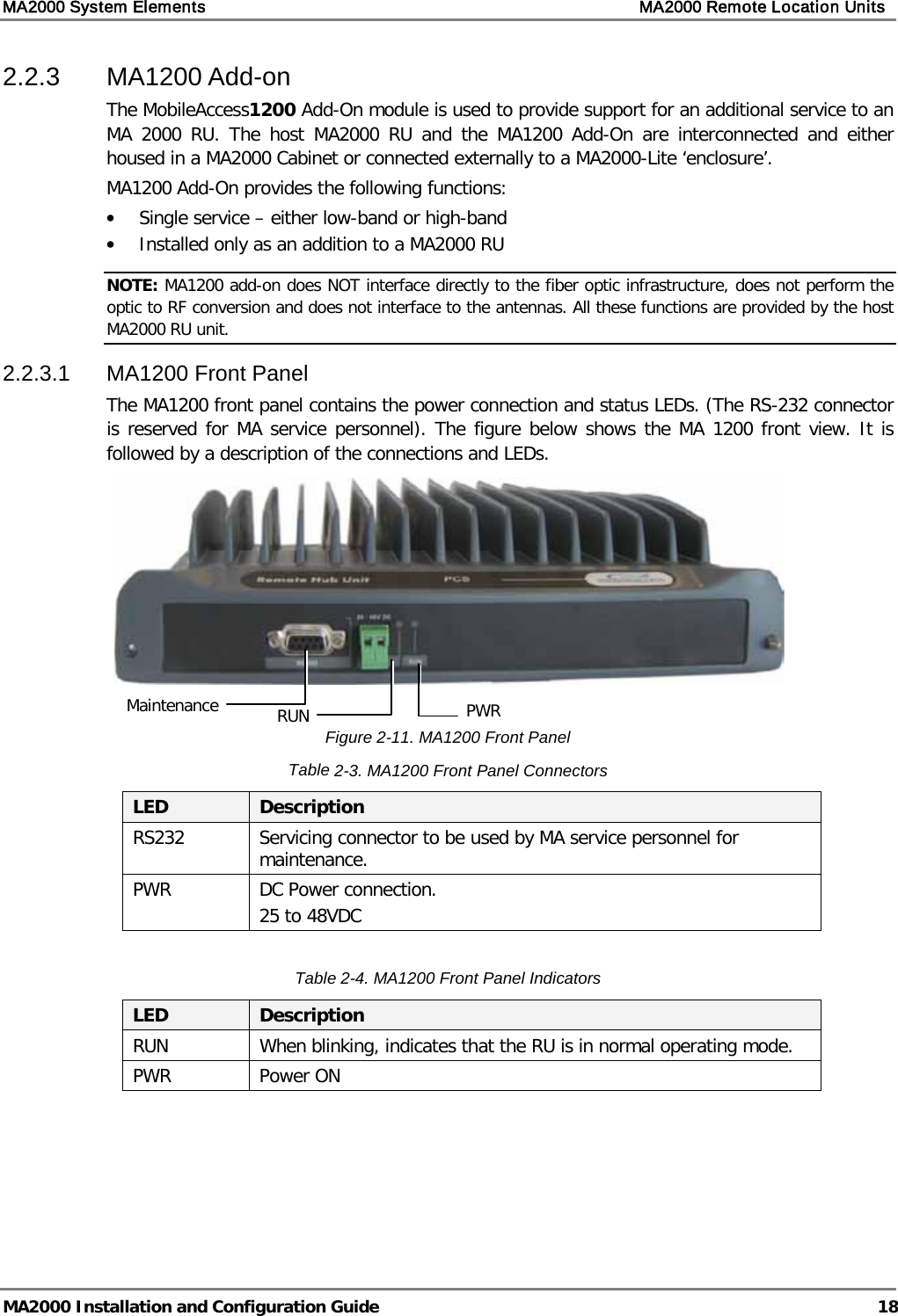 MA2000 System Elements    MA2000 Remote Location Units   MA2000 Installation and Configuration Guide  18 2.2.3  MA1200 Add-on The MobileAccess1200 Add-On module is used to provide support for an additional service to an MA 2000 RU. The  host MA2000  RU and the MA1200  Add-On  are interconnected and either housed in a MA2000 Cabinet or connected externally to a MA2000-Lite ‘enclosure’.  MA1200 Add-On provides the following functions: • Single service – either low-band or high-band • Installed only as an addition to a MA2000 RU NOTE: MA1200 add-on does NOT interface directly to the fiber optic infrastructure, does not perform the optic to RF conversion and does not interface to the antennas. All these functions are provided by the host MA2000 RU unit.  2.2.3.1  MA1200 Front Panel The MA1200 front panel contains the power connection and status LEDs. (The RS-232 connector is reserved for MA service personnel). The figure below shows the MA 1200 front view. It is followed by a description of the connections and LEDs.   Figure  2-11. MA1200 Front Panel  Table  2-3. MA1200 Front Panel Connectors LED Description RS232 Servicing connector to be used by MA service personnel for maintenance. PWR DC Power connection. 25 to 48VDC  Table  2-4. MA1200 Front Panel Indicators LED Description RUN When blinking, indicates that the RU is in normal operating mode. PWR Power ON  Maintenance RUN PWR 