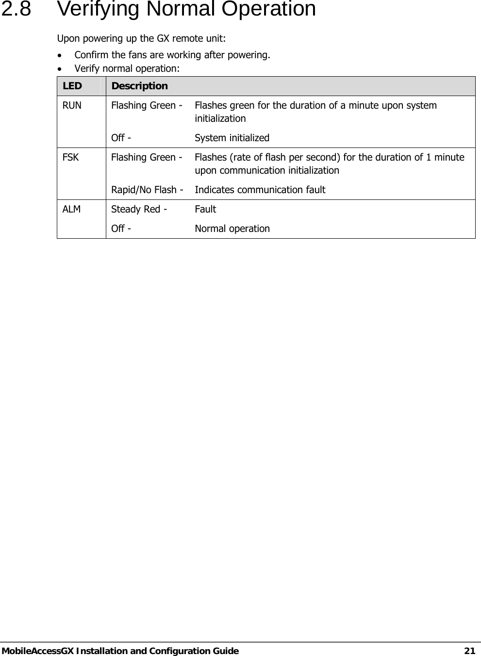   MobileAccessGX Installation and Configuration Guide   21  2.8  Verifying Normal Operation Upon powering up the GX remote unit: • Confirm the fans are working after powering. • Verify normal operation: LED  Description RUN  Flashing Green - Flashes green for the duration of a minute upon system initialization Off -  System initialized FSK  Flashing Green -  Flashes (rate of flash per second) for the duration of 1 minute upon communication initialization Rapid/No Flash -  Indicates communication fault ALM Steady Red -  Fault Off -   Normal operation      