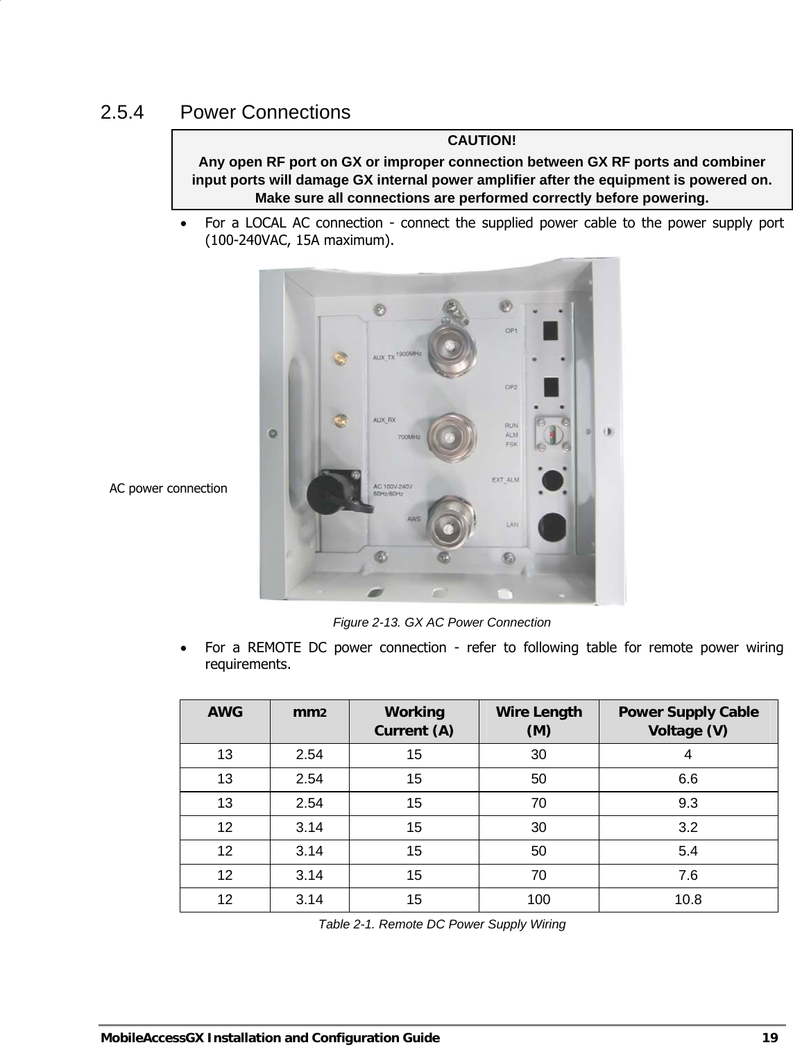   MobileAccessGX Installation and Configuration Guide   19  2.5.4 Power Connections CAUTION!   Any open RF port on GX or improper connection between GX RF ports and combiner input ports will damage GX internal power amplifier after the equipment is powered on. Make sure all connections are performed correctly before powering. • For a LOCAL AC connection - connect the supplied power cable to the power supply port (100-240VAC, 15A maximum).  Figure 2-13. GX AC Power Connection • For a REMOTE DC power connection - refer to following table for remote power wiring requirements.   AWG  mm2 Working Current (A)  Wire Length (M)  Power Supply Cable Voltage (V) 13 2.54  15  30  4 13 2.54  15  50  6.6 13 2.54  15  70  9.3 12 3.14  15  30  3.2 12 3.14  15  50  5.4 12 3.14  15  70  7.6 12 3.14  15  100  10.8 Table 2-1. Remote DC Power Supply Wiring  AC power connection 
