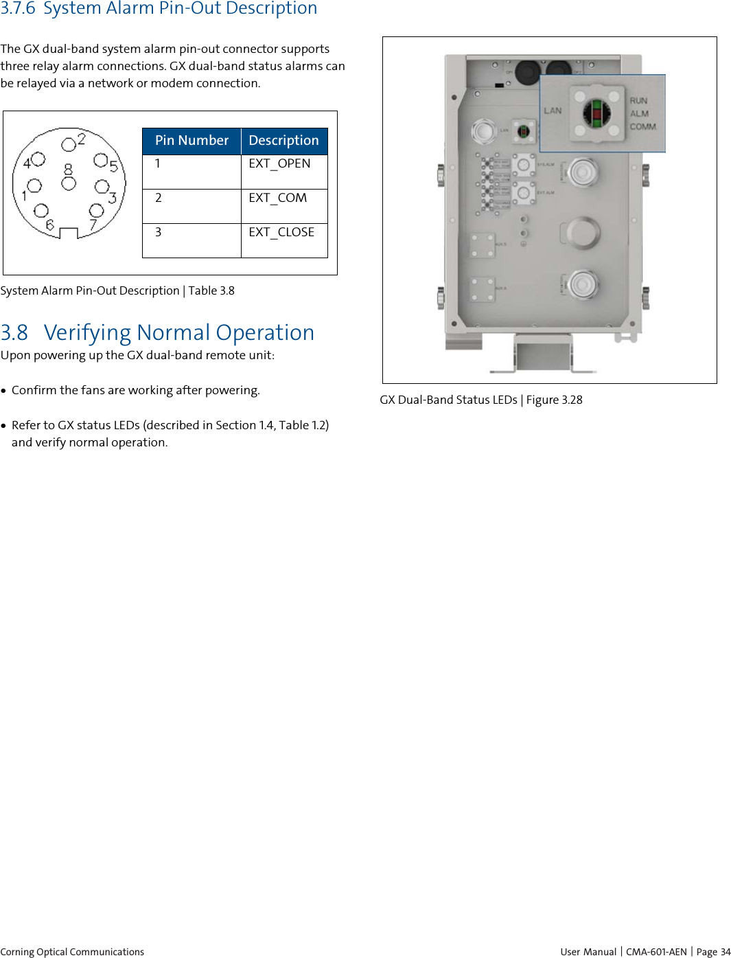  Corning Optical Communications    User Manual |  CMA-601-AEN | Page  34 3.7.6 System Alarm Pin-Out Description  The GX dual-band system alarm pin-out connector supports three relay alarm connections. GX dual-band status alarms can be relayed via a network or modem connection.   Pin Number Description 1  EXT_OPEN 2  EXT_COM 3  EXT_CLOSE x System Alarm Pin-Out Description | Table  3.8 3.8 Verifying Normal Operation Upon powering up the GX dual-band remote unit: • Confirm the fans are working after powering. • Refer to GX status LEDs (described in Section  1.4, Table 1.2) and verify normal operation.    GX Dual-Band Status LEDs | Figure  3.28 