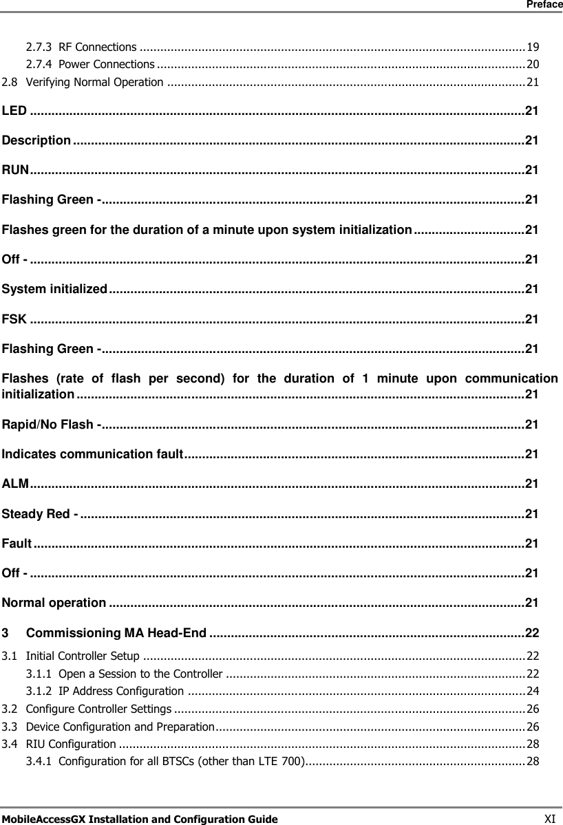 Preface MobileAccessGX Installation and Configuration Guide XI 2.7.3 RF Connections ................................................................................................................ 19 2.7.4 Power Connections ........................................................................................................... 20 2.8 Verifying Normal Operation ........................................................................................................ 21 LED .......................................................................................................................................... 21 Description .............................................................................................................................. 21 RUN .......................................................................................................................................... 21 Flashing Green - ...................................................................................................................... 21 Flashes green for the duration of a minute upon system initialization ............................... 21 Off - .......................................................................................................................................... 21 System initialized .................................................................................................................... 21 FSK .......................................................................................................................................... 21 Flashing Green - ...................................................................................................................... 21 Flashes (rate of flash per second) for the duration of 1 minute upon communication initialization ............................................................................................................................. 21 Rapid/No Flash - ...................................................................................................................... 21 Indicates communication fault ............................................................................................... 21 ALM .......................................................................................................................................... 21 Steady Red - ............................................................................................................................ 21 Fault ......................................................................................................................................... 21 Off - .......................................................................................................................................... 21 Normal operation .................................................................................................................... 21 3 Commissioning MA Head-End ........................................................................................ 22 3.1 Initial Controller Setup ............................................................................................................... 22 3.1.1 Open a Session to the Controller ....................................................................................... 22 3.1.2 IP Address Configuration .................................................................................................. 24 3.2 Configure Controller Settings ...................................................................................................... 26 3.3 Device Configuration and Preparation.......................................................................................... 26 3.4 RIU Configuration ...................................................................................................................... 28 3.4.1 Configuration for all BTSCs (other than LTE 700) ................................................................ 28