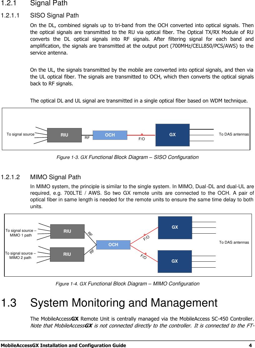 MobileAccessGX Installation and Configuration Guide 4 1.2.1 Signal Path 1.2.1.1 SISO Signal Path On the DL, combined signals up to tri-band from the OCH converted into optical signals. Then the optical signals are transmitted to the RU via optical fiber. The Optical TX/RX Module of RU converts the DL optical signals into RF signals. After filtering signal for each band and amplification, the signals are transmitted at the output port (700MHz/CELL850/PCS/AWS) to the service antenna. On the UL, the signals transmitted by the mobile are converted into optical signals, and then via the UL optical fiber. The signals are transmitted to OCH, which then converts the optical signals back to RF signals. The optical DL and UL signal are transmitted in a single optical fiber based on WDM technique. OCH GXRIU To DAS antennasF/OTo signal source RF Figure 1-3. GX Functional Block Diagram – SISO Configuration 1.2.1.2 MIMO Signal Path In MIMO system, the principle is similar to the single system. In MIMO, Dual-DL and dual-UL are required, e.g. 700LTE / AWS. So two GX remote units are connected to the OCH. A pair of optical fiber in same length is needed for the remote units to ensure the same time delay to both units. OCHGXRIURIUGXTo DAS antennasF/OF/OTo signal source – MIMO 1 pathTo signal source – MIMO 2 pathRFRF Figure 1-4. GX Functional Block Diagram – MIMO Configuration 1.3 System Monitoring and Management The MobileAccessGX Remote Unit is centrally managed via the MobileAccess SC-450 Controller. Note that MobileAccessGX is not connected directly to the controller. It is connected to the FT-