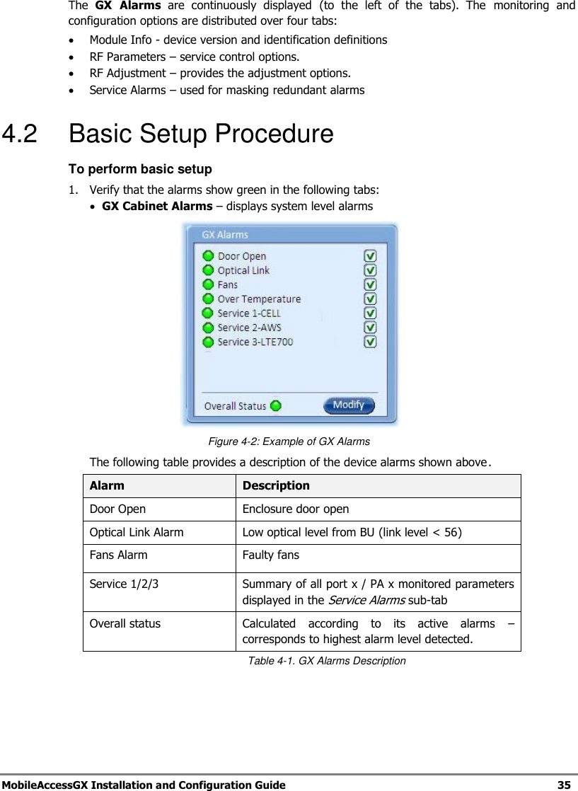 MobileAccessGX Installation and Configuration Guide 35 The GX Alarms are continuously displayed (to the left of the tabs). The monitoring and configuration options are distributed over four tabs: Module Info - device version and identification definitions RF Parameters – service control options. RF Adjustment – provides the adjustment options. Service Alarms – used for masking redundant alarms 4.2 Basic Setup Procedure To perform basic setup 1. Verify that the alarms show green in the following tabs: GX Cabinet Alarms – displays system level alarms Figure 4-2: Example of GX Alarms The following table provides a description of the device alarms shown above. Alarm Description Door Open Enclosure door open Optical Link Alarm Low optical level from BU (link level < 56) Fans Alarm Faulty fans Service 1/2/3 Summary of all port x / PA x monitored parameters displayed in the Service Alarms sub-tab Overall status Calculated according to its active alarms – corresponds to highest alarm level detected. Table 4-1. GX Alarms Description