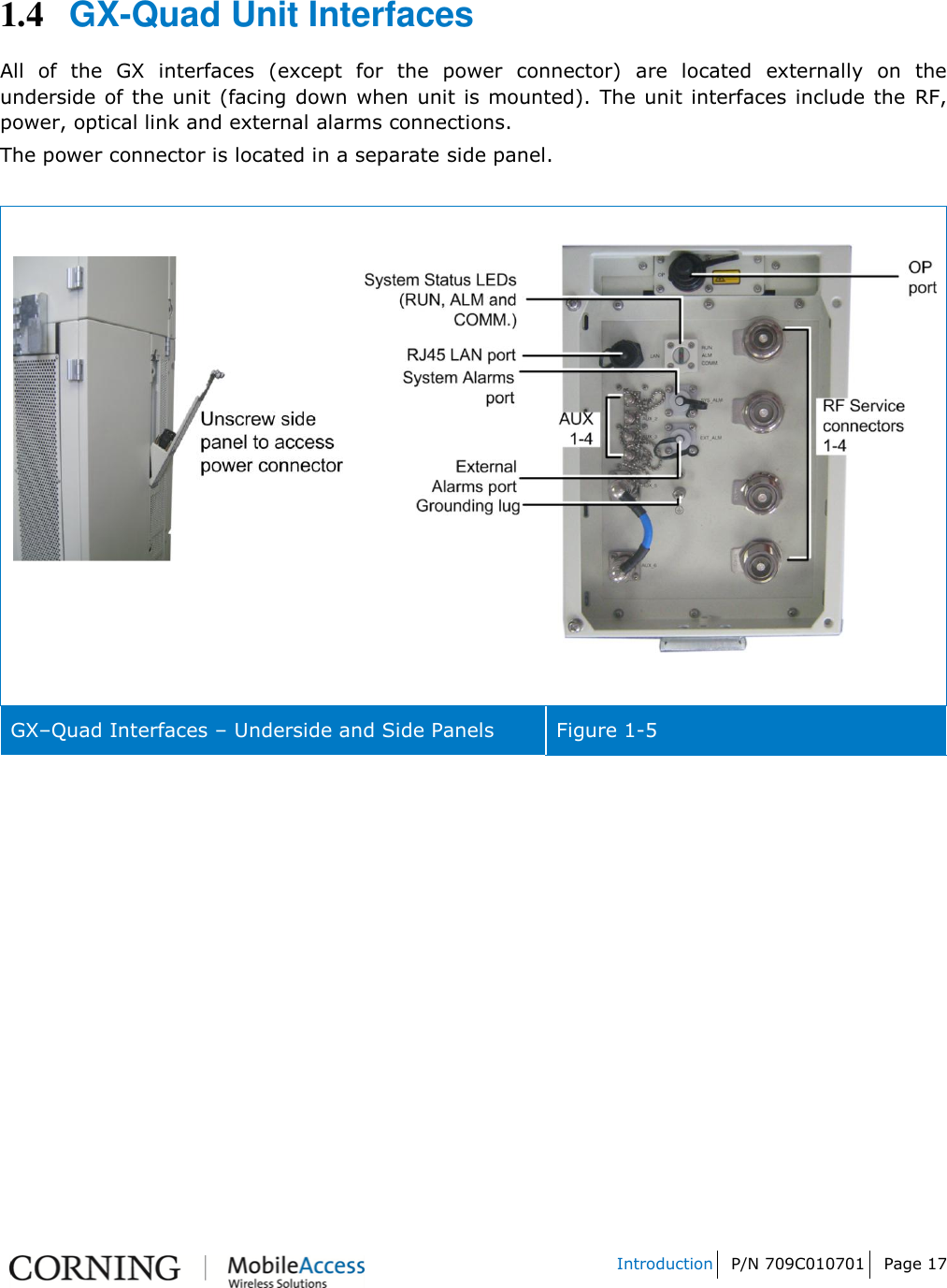   Introduction P/N 709C010701 Page 17    1.4 GX-Quad Unit Interfaces All  of  the  GX  interfaces  (except  for  the  power  connector)  are  located  externally  on  the underside of the unit (facing down  when unit is mounted). The unit interfaces  include  the  RF, power, optical link and external alarms connections. The power connector is located in a separate side panel.      s GX–Quad Interfaces – Underside and Side Panels Figure 1-5    