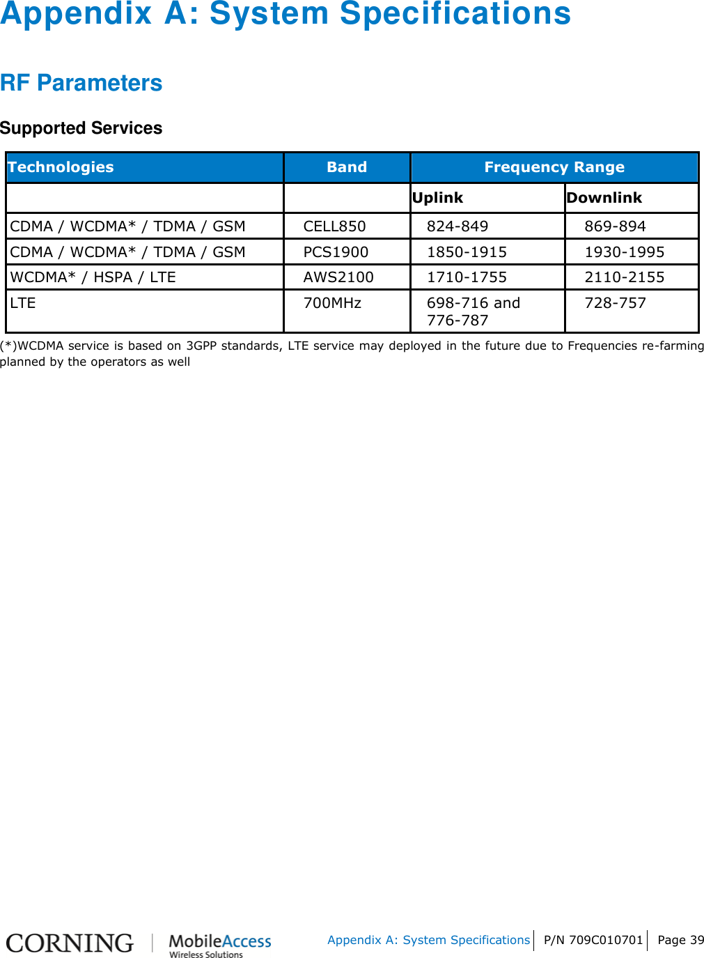   Appendix A: System Specifications P/N 709C010701 Page 39   Appendix A: System Specifications RF Parameters Supported Services Technologies Band Frequency Range   Uplink  Downlink  CDMA / WCDMA* / TDMA / GSM CELL850 824-849 869-894 CDMA / WCDMA* / TDMA / GSM PCS1900 1850-1915 1930-1995 WCDMA* / HSPA / LTE AWS2100 1710-1755 2110-2155 LTE 700MHz 698-716 and 776-787 728-757 (*)WCDMA service is based on 3GPP standards, LTE service may deployed in the future due to Frequencies re-farming planned by the operators as well   