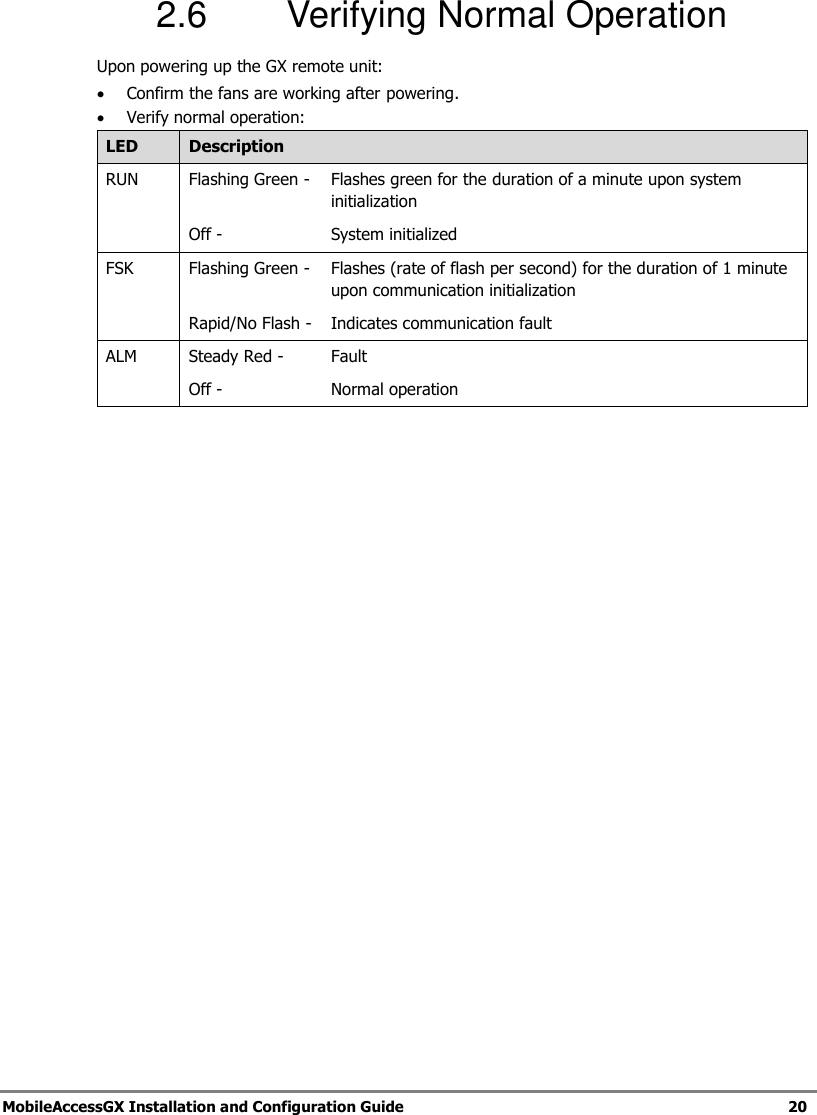 MobileAccessGX Installation and Configuration Guide 20 2.6 Verifying Normal Operation Upon powering up the GX remote unit: Confirm the fans are working after powering. Verify normal operation: LED Description RUN Flashing Green - Flashes green for the duration of a minute upon system initialization Off - System initialized FSK Flashing Green - Flashes (rate of flash per second) for the duration of 1 minute upon communication initialization Rapid/No Flash - Indicates communication fault ALM Steady Red - Fault Off - Normal operation