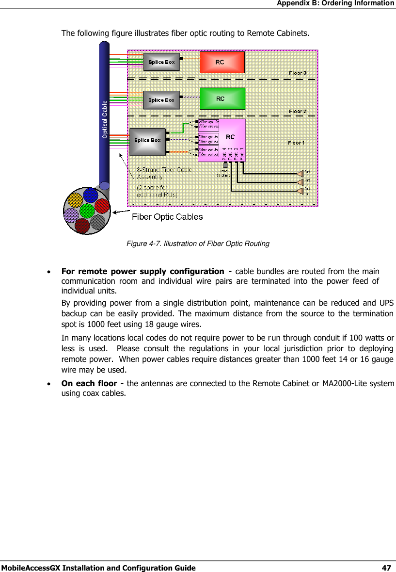 Appendix B: Ordering Information MobileAccessGX Installation and Configuration Guide 47 The following figure illustrates fiber optic routing to Remote Cabinets. Figure 4-7. Illustration of Fiber Optic Routing For remote power supply configuration - cable bundles are routed from the main communication room and individual wire pairs are terminated into the power feed of individual units. By providing power from a single distribution point, maintenance can be reduced and UPS backup can be easily provided. The maximum distance from the source to the termination spot is 1000 feet using 18 gauge wires. In many locations local codes do not require power to be run through conduit if 100 watts or less is used. Please consult the regulations in your local jurisdiction prior to deploying remote power. When power cables require distances greater than 1000 feet 14 or 16 gauge wire may be used. On each floor - the antennas are connected to the Remote Cabinet or MA2000-Lite system using coax cables.