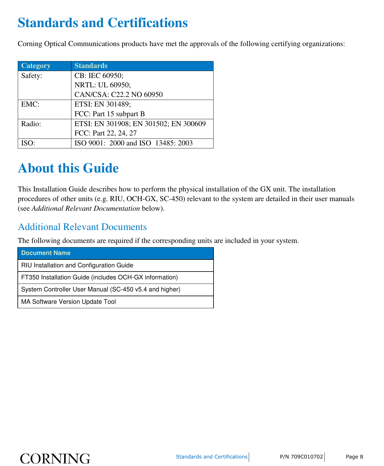     Standards and Certifications P/N 709C010702 Page 8  Standards and Certifications Corning Optical Communications products have met the approvals of the following certifying organizations:  Category Standards Safety: CB: IEC 60950; NRTL: UL 60950; CAN/CSA: C22.2 NO 60950 EMC: ETSI: EN 301489; FCC: Part 15 subpart B Radio: ETSI: EN 301908; EN 301502; EN 300609 FCC: Part 22, 24, 27 ISO: ISO 9001:  2000 and ISO  13485: 2003  About this Guide This Installation Guide describes how to perform the physical installation of the GX unit. The installation procedures of other units (e.g. RIU, OCH-GX, SC-450) relevant to the system are detailed in their user manuals (see Additional Relevant Documentation below). Additional Relevant Documents The following documents are required if the corresponding units are included in your system. Document Name RIU Installation and Configuration Guide FT350 Installation Guide (includes OCH-GX information) System Controller User Manual (SC-450 v5.4 and higher) MA Software Version Update Tool    