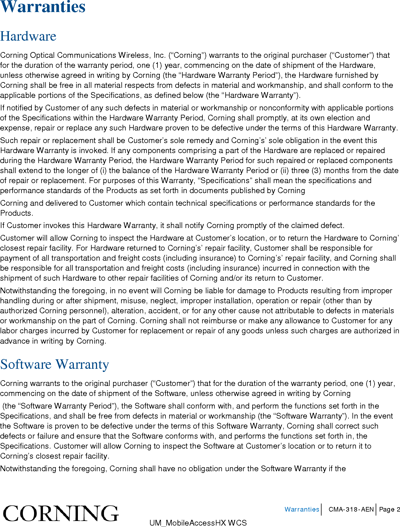Page 2 of Corning Optical Communications HX-WCS-MIMO Optical RepeaterModel name - HX-WCS-MIMO User Manual HX WCS