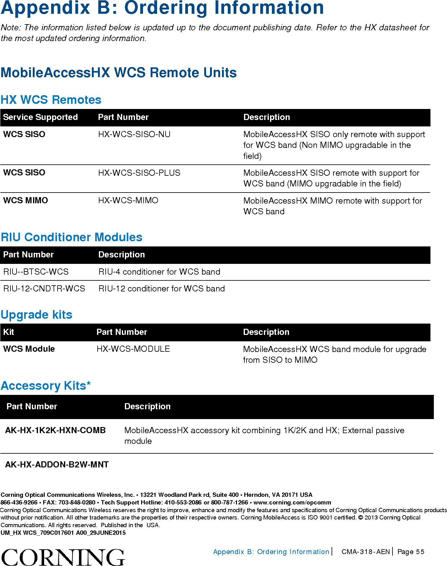Page 55 of Corning Optical Communications HX-WCS-MIMO Optical RepeaterModel name - HX-WCS-MIMO User Manual HX WCS