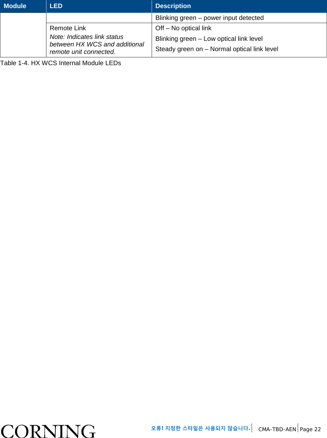 오류! 지정한 스타일은 사용되지 않습니다. CMA-TBD-AEN Page 22 Module LED Description Blinking green – power input detected Remote Link Note: Indicates link status between HX WCS and additional remote unit connected. Off – No optical link Blinking green – Low optical link level Steady green on – Normal optical link level Table 1-4. HX WCS Internal Module LEDs