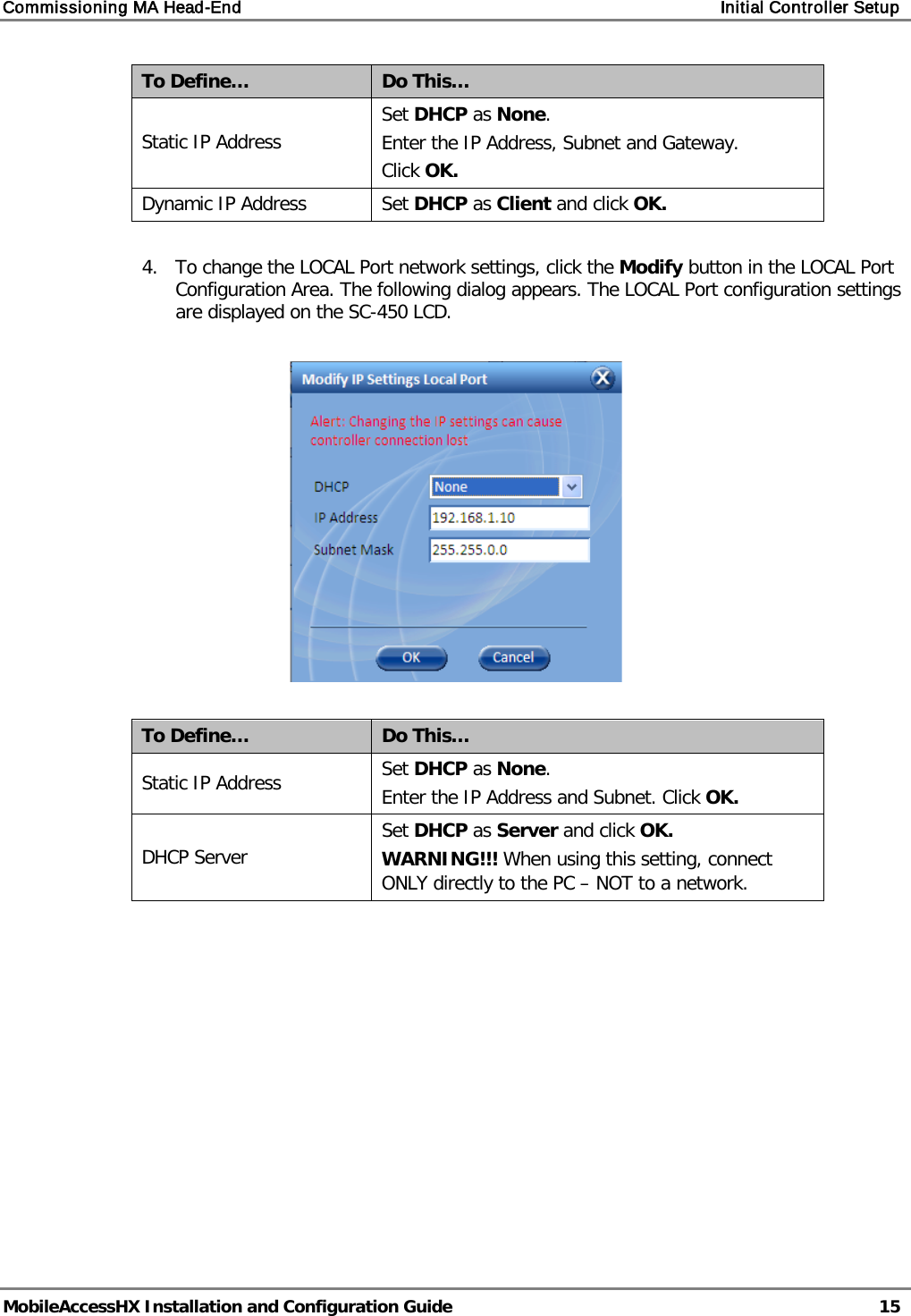 Commissioning MA Head-End Initial Controller Setup MobileAccessHX Installation and Configuration Guide 15 To Define… Do This… Static IP Address Set DHCP as None. Enter the IP Address, Subnet and Gateway. Click OK. Dynamic IP Address Set DHCP as Client and click OK. 4. To change the LOCAL Port network settings, click the Modify button in the LOCAL Port Configuration Area. The following dialog appears. The LOCAL Port configuration settings are displayed on the SC-450 LCD. To Define… Do This… Static IP Address Set DHCP as None. Enter the IP Address and Subnet. Click OK. DHCP Server Set DHCP as Server and click OK. WARNING!!! When using this setting, connect ONLY directly to the PC – NOT to a network.