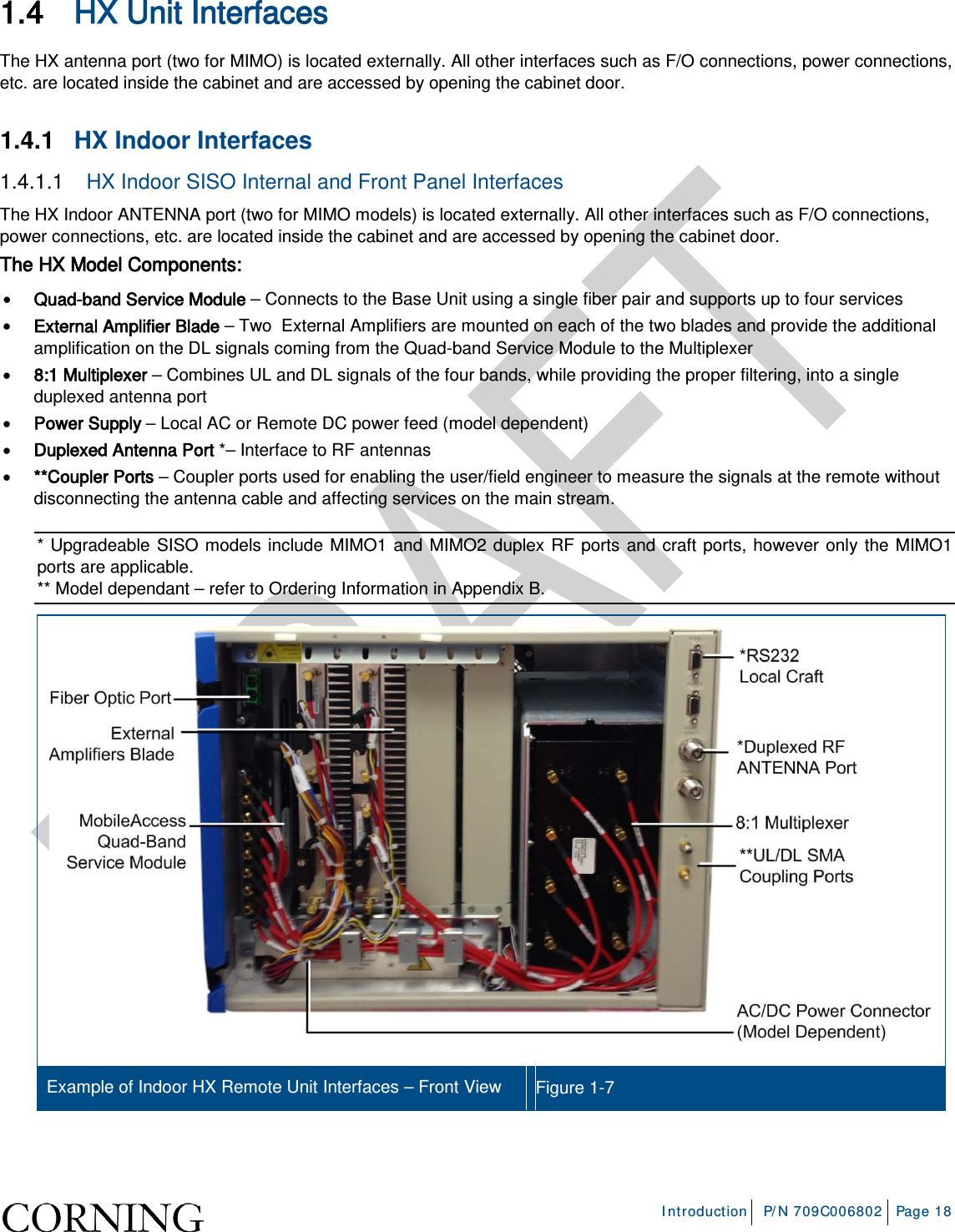 Introduction P/N 709C006802 Page 18 1.4 HX Unit Interfaces The HX antenna port (two for MIMO) is located externally. All other interfaces such as F/O connections, power connections, etc. are located inside the cabinet and are accessed by opening the cabinet door. 1.4.1 HX Indoor Interfaces 1.4.1.1 HX Indoor SISO Internal and Front Panel Interfaces The HX Indoor ANTENNA port (two for MIMO models) is located externally. All other interfaces such as F/O connections, power connections, etc. are located inside the cabinet and are accessed by opening the cabinet door. The HX Model Components: • Quad-band Service Module – Connects to the Base Unit using a single fiber pair and supports up to four services • External Amplifier Blade – Two External Amplifiers are mounted on each of the two blades and provide the additional amplification on the DL signals coming from the Quad-band Service Module to the Multiplexer • 8:1 Multiplexer – Combines UL and DL signals of the four bands, while providing the proper filtering, into a single duplexed antenna port • Power Supply – Local AC or Remote DC power feed (model dependent) • Duplexed Antenna Port *– Interface to RF antennas • **Coupler Ports – Coupler ports used for enabling the user/field engineer to measure the signals at the remote without disconnecting the antenna cable and affecting services on the main stream. * Upgradeable SISO models include MIMO1 and MIMO2 duplex RF ports and craft ports, however only the MIMO1 ports are applicable. ** Model dependant – refer to Ordering Information in Appendix B. Example of Indoor HX Remote Unit Interfaces – Front View Figure 1-7