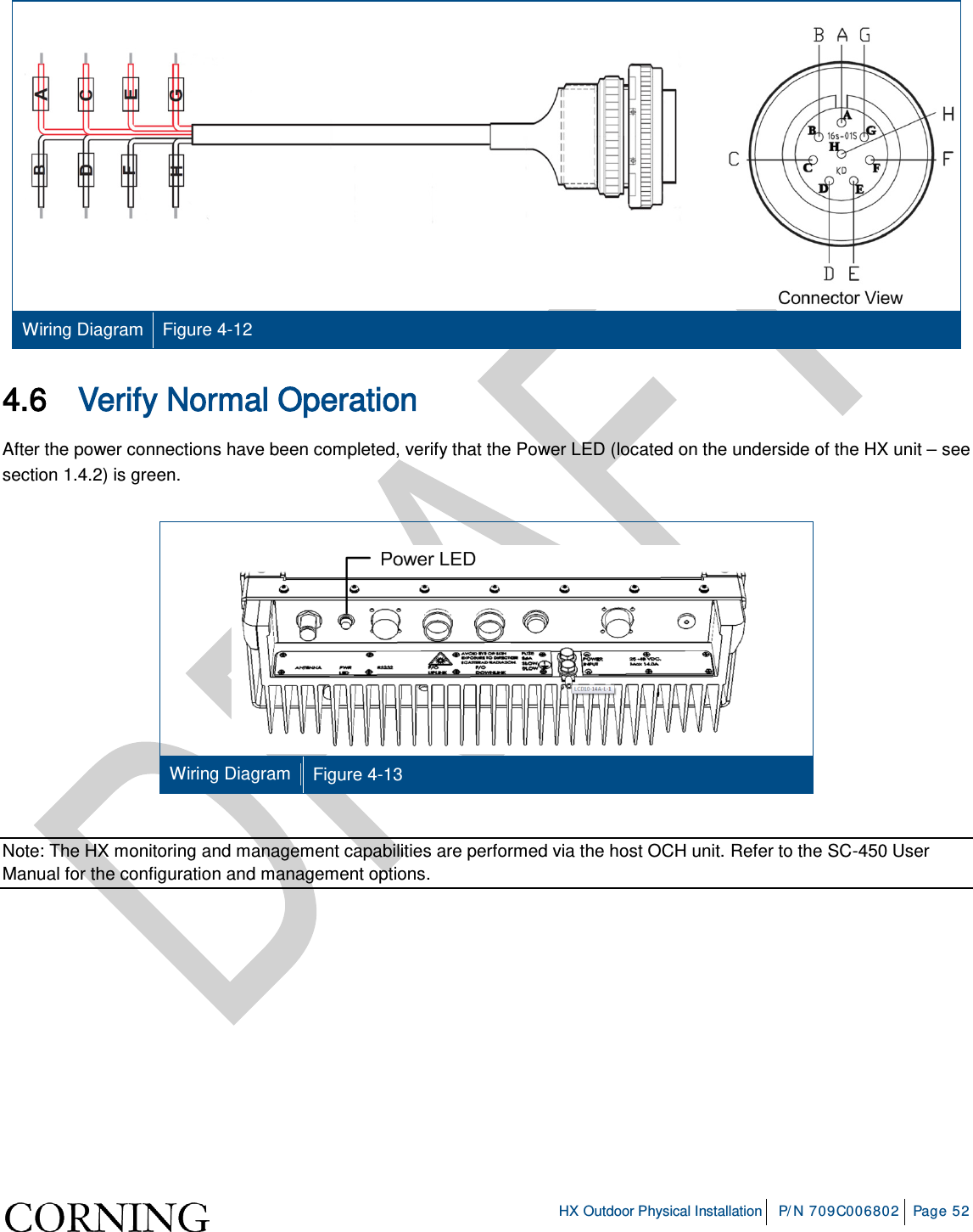 HX Outdoor Physical Installation P/N 709C006802 Page 52 Wiring Diagram Figure 4-12 4.6 Verify Normal Operation After the power connections have been completed, verify that the Power LED (located on the underside of the HX unit – see section 1.4.2) is green. Wiring Diagram Figure 4-13 Note: The HX monitoring and management capabilities are performed via the host OCH unit. Refer to the SC-450 User Manual for the configuration and management options.
