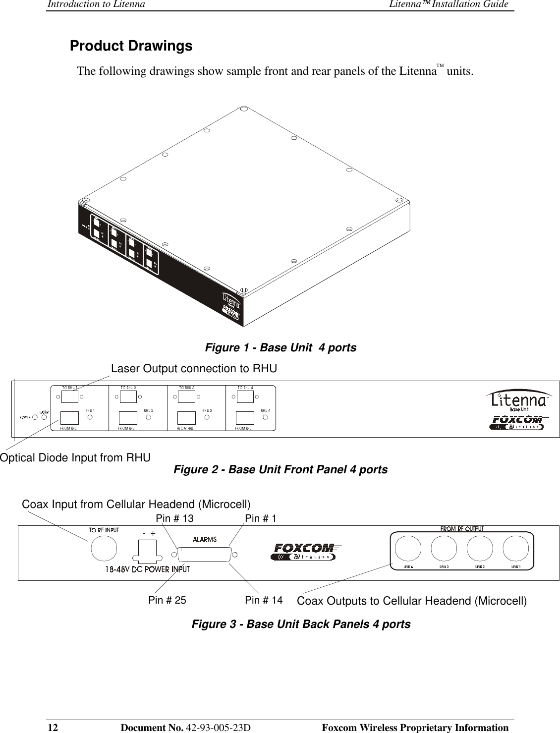 Introduction to Litenna Litenna Installation Guide12 Document No. 42-93-005-23D Foxcom Wireless Proprietary InformationProduct DrawingsThe following drawings show sample front and rear panels of the Litenna™ units.Figure 1 - Base Unit 4 portsFigure 2 - Base Unit Front Panel 4 portsFigure 3 - Base Unit Back Panels 4 portsPin # 1Pin # 14Pin # 13Pin # 25Coax Input from Cellular Headend (Microcell)Coax Outputs to Cellular Headend (Microcell)Optical Diode Input from RHULaser Output connection to RHU