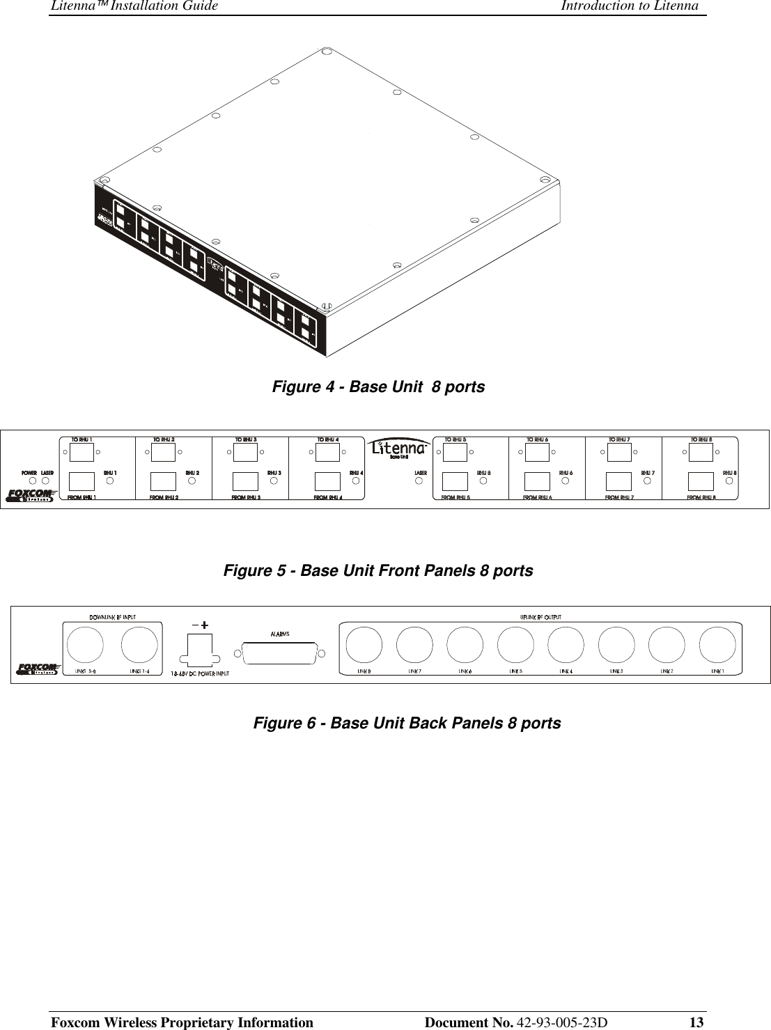 Litenna Installation Guide Introduction to LitennaFoxcom Wireless Proprietary Information Document No. 42-93-005-23D 13Figure 4 - Base Unit 8 portsFigure 5 - Base Unit Front Panels 8 portsFigure 6 - Base Unit Back Panels 8 ports