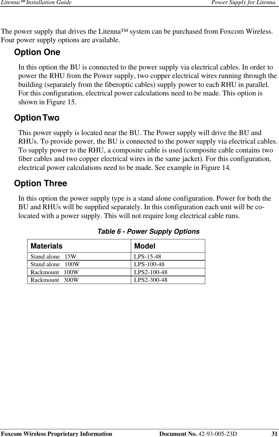 Litenna Installation Guide Power Supply for LitennaFoxcom Wireless Proprietary Information Document No. 42-93-005-23D 31 The power supply that drives the Litenna™ system can be purchased from Foxcom Wireless.Four power supply options are available.Option One In this option the BU is connected to the power supply via electrical cables. In order topower the RHU from the Power supply, two copper electrical wires running through thebuilding (separately from the fiberoptic cables) supply power to each RHU in parallel.For this configuration, electrical power calculations need to be made. This option isshown in Figure 15.Option Two This power supply is located near the BU. The Power supply will drive the BU andRHUs. To provide power, the BU is connected to the power supply via electrical cables.To supply power to the RHU, a composite cable is used (composite cable contains twofiber cables and two copper electrical wires in the same jacket). For this configuration,electrical power calculations need to be made. See example in Figure 14.Option Three In this option the power supply type is a stand alone configuration. Power for both theBU and RHUs will be supplied separately. In this configuration each unit will be co-located with a power supply. This will not require long electrical cable runs. Table 6 - Power Supply Options Materials Model Stand alone 15W LPS-15-48 Stand alone 100W LPS-100-48 Rackmount 100W LPS2-100-48 Rackmount 300W LPS2-300-48