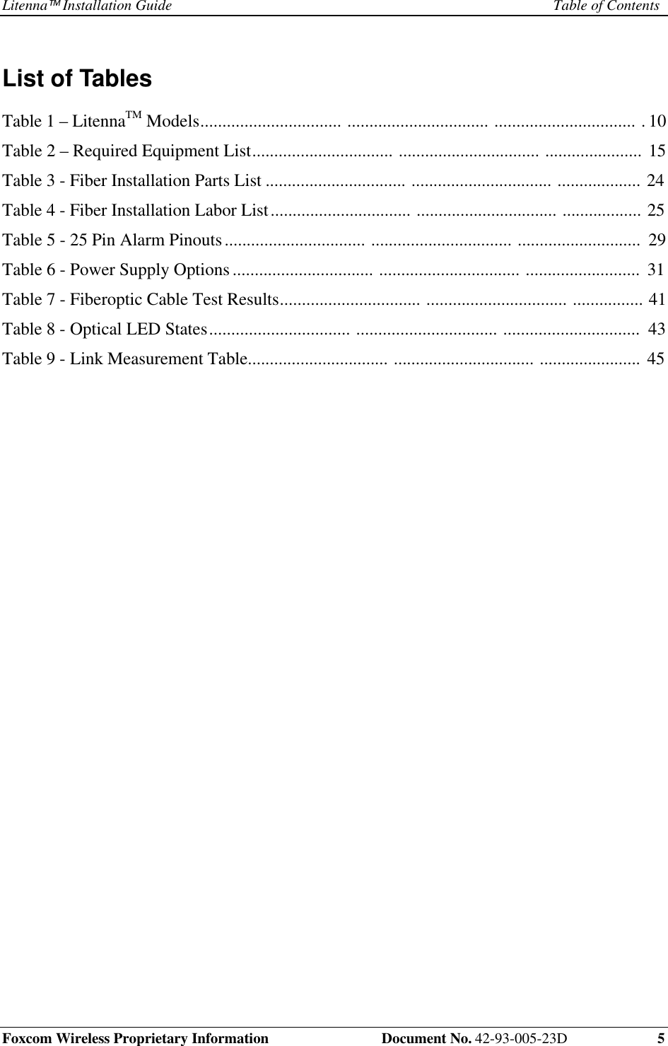 Litenna Installation Guide Table of ContentsFoxcom Wireless Proprietary Information Document No. 42-93-005-23D 5List of TablesTable 1 – LitennaTM Models................................ ................................ ................................ . 10Table 2 – Required Equipment List................................ ................................ ...................... 15Table 3 - Fiber Installation Parts List ................................ ................................ ................... 24Table 4 - Fiber Installation Labor List................................ ................................ .................. 25Table 5 - 25 Pin Alarm Pinouts................................ ................................ ............................ 29Table 6 - Power Supply Options ................................ ................................ .......................... 31Table 7 - Fiberoptic Cable Test Results................................ ................................ ................ 41Table 8 - Optical LED States................................ ................................ ............................... 43Table 9 - Link Measurement Table................................ ................................ ....................... 45
