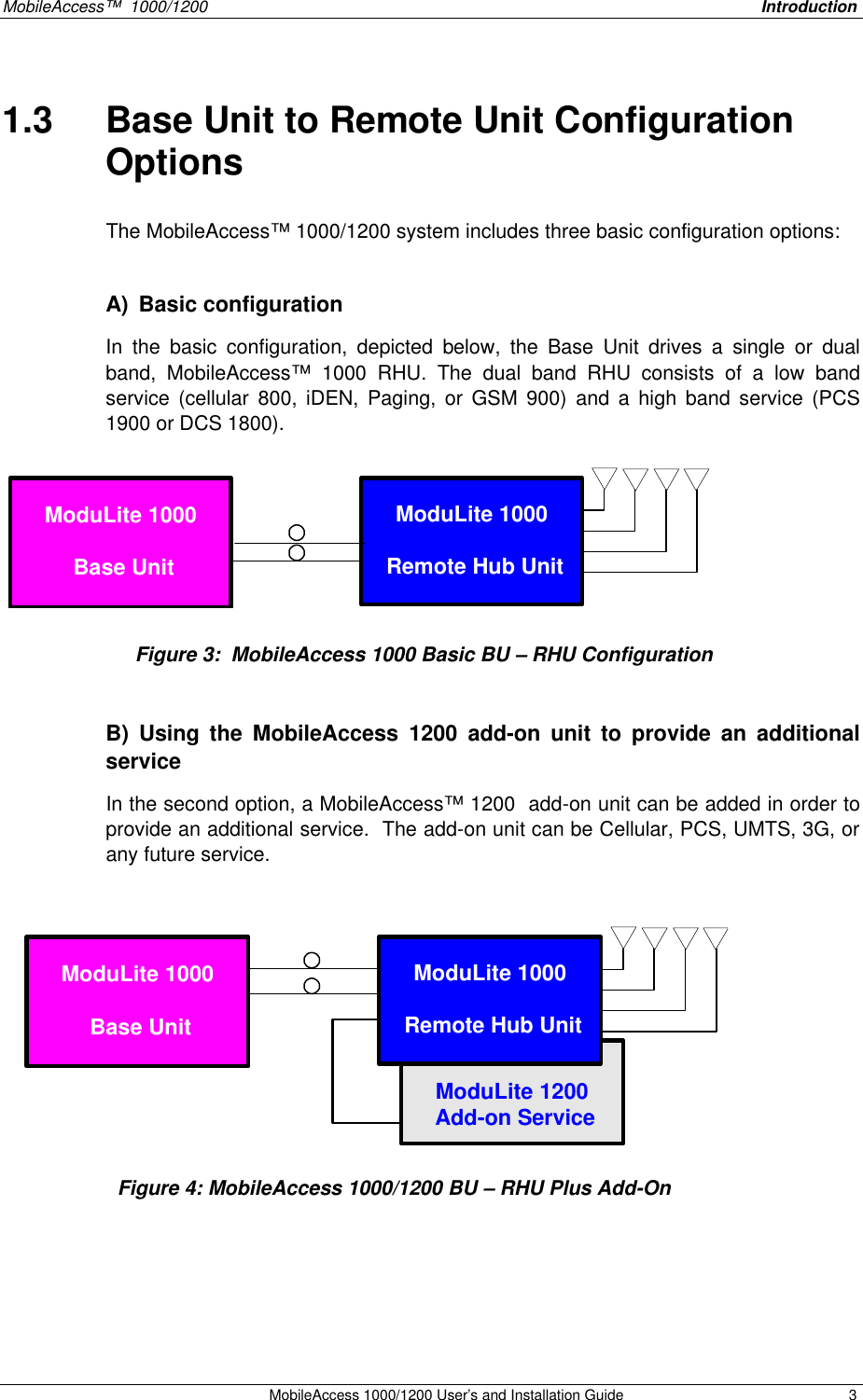 MobileAccess™ 1000/1200 Introduction MobileAccess 1000/1200 User’s and Installation Guide 3 1.3 Base Unit to Remote Unit Configuration Options The MobileAccess™ 1000/1200 system includes three basic configuration options: A) Basic configuration In the basic configuration, depicted below, the Base Unit drives a single or dual band, MobileAccess™ 1000 RHU. The dual band RHU consists of a low band service (cellular 800, iDEN, Paging, or GSM 900) and a high band service (PCS 1900 or DCS 1800). ModuLite 1000 Remote Hub UnitModuLite 1000 Base Unit B) Using the MobileAccess 1200 add-on unit to provide an additional service In the second option, a MobileAccess™ 1200 add-on unit can be added in order to provide an additional service. The add-on unit can be Cellular, PCS, UMTS, 3G, or any future service. ModuLite 1200 Add-on ServiceModuLite 1000 Remote Hub UnitModuLite 1000 Base Unit Figure 3: MobileAccess 1000 Basic BU – RHU Configuration Figure 4: MobileAccess 1000/1200 BU – RHU Plus Add-On