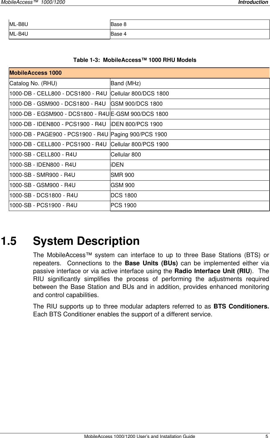MobileAccess™ 1000/1200 Introduction MobileAccess 1000/1200 User’s and Installation Guide 5 ML-B8U Base 8 ML-B4U Base 4 Table 1-3: MobileAccess™ 1000 RHU Models MobileAccess 1000 Catalog No. (RHU) Band (MHz) 1000-DB - CELL800 - DCS1800 - R4U Cellular 800/DCS 1800 1000-DB - GSM900 - DCS1800 - R4U GSM 900/DCS 1800 1000-DB - EGSM900 - DCS1800 - R4U E-GSM 900/DCS 1800 1000-DB - IDEN800 - PCS1900 - R4U iDEN 800/PCS 1900 1000-DB - PAGE900 - PCS1900 - R4U Paging 900/PCS 1900 1000-DB - CELL800 - PCS1900 - R4U Cellular 800/PCS 1900 1000-SB - CELL800 - R4U Cellular 800 1000-SB - IDEN800 - R4U iDEN 1000-SB - SMR900 - R4U SMR 900 1000-SB - GSM900 - R4U GSM 900 1000-SB - DCS1800 - R4U DCS 1800 1000-SB - PCS1900 - R4U PCS 1900 1.5 System Description The MobileAccess™ system can interface to up to three Base Stations (BTS) or repeaters. Connections to the Base Units (BUs) can be implemented either via passive interface or via active interface using the Radio Interface Unit (RIU). The RIU significantly simplifies the process of performing the adjustments required between the Base Station and BUs and in addition, provides enhanced monitoring and control capabilities. The RIU supports up to three modular adapters referred to as BTS Conditioners. Each BTS Conditioner enables the support of a different service.