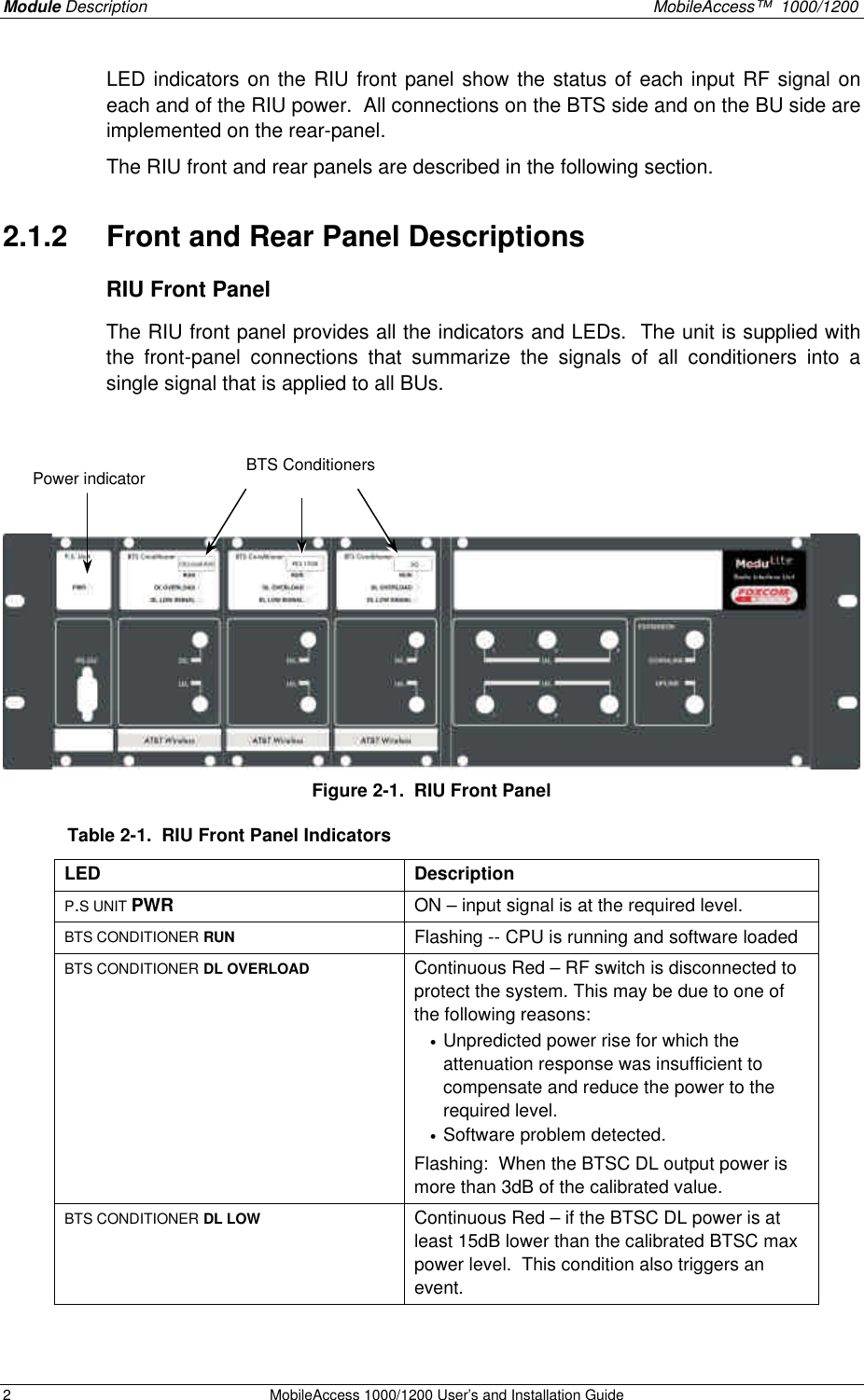 Module Description MobileAccess™ 1000/1200 2 MobileAccess 1000/1200 User’s and Installation Guide LED indicators on the RIU front panel show the status of each input RF signal on each and of the RIU power. All connections on the BTS side and on the BU side are implemented on the rear-panel. The RIU front and rear panels are described in the following section. 2.1.2 Front and Rear Panel Descriptions RIU Front Panel The RIU front panel provides all the indicators and LEDs. The unit is supplied with the front-panel connections that summarize the signals of all conditioners into a single signal that is applied to all BUs. Figure 2-1. RIU Front Panel Table 2-1. RIU Front Panel Indicators LED Description P.S UNIT PWR ON – input signal is at the required level. BTS CONDITIONER RUN Flashing -- CPU is running and software loaded BTS CONDITIONER DL OVERLOAD Continuous Red – RF switch is disconnected to protect the system. This may be due to one of the following reasons: • Unpredicted power rise for which the attenuation response was insufficient to compensate and reduce the power to the required level. • Software problem detected. Flashing: When the BTSC DL output power is more than 3dB of the calibrated value. BTS CONDITIONER DL LOW Continuous Red – if the BTSC DL power is at least 15dB lower than the calibrated BTSC max power level. This condition also triggers an event. Power indicator BTS Conditioners