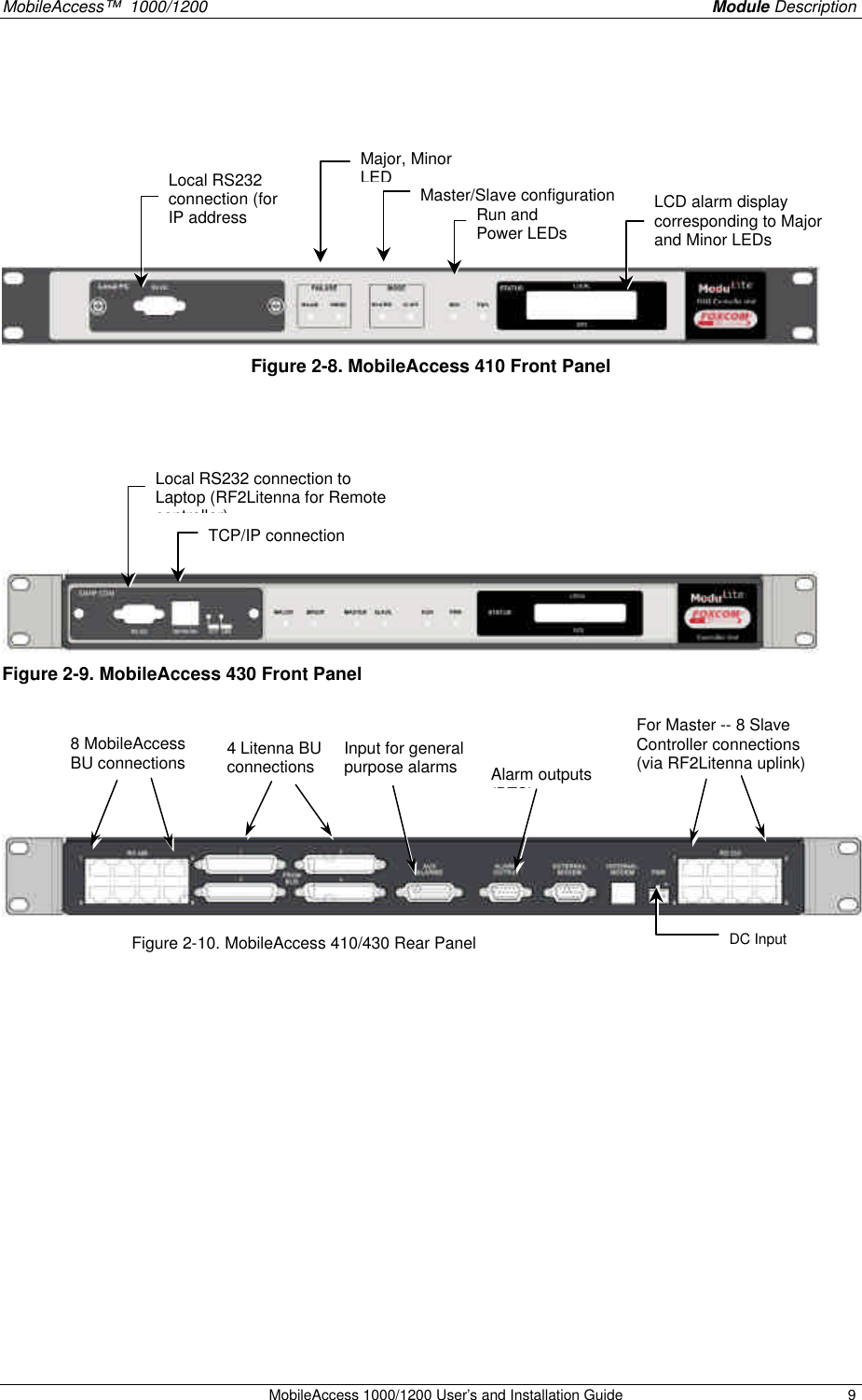 MobileAccess™ 1000/1200 Module Description MobileAccess 1000/1200 User’s and Installation Guide 9 Figure 2-8. MobileAccess 410 Front Panel Figure 2-9. MobileAccess 430 Front Panel Figure 2-10. MobileAccess 410/430 Rear Panel Local RS232 connection (for IP address setup) LCD alarm display corresponding to Major and Minor LEDs Major, Minor LED DC Input Master/Slave configuration Run and Power LEDs Local RS232 connection to Laptop (RF2Litenna for Remote controller) TCP/IP connection 4 Litenna BU connections 8 MobileAccess BU connections For Master -- 8 Slave Controller connections (via RF2Litenna uplink) Input for general purpose alarms Alarm outputs (BTS)