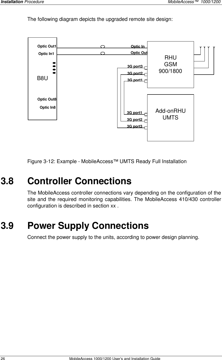 Installation Procedure MobileAccess™ 1000/1200 26 MobileAccess 1000/1200 User’s and Installation Guide The following diagram depicts the upgraded remote site design: B8URHUGSM900/1800Optic InOptic Out3G port33G port23G port1Optic In1Optic Out1Optic In8Optic Out8Add-onRHUUMTS3G port13G port23G port3 Figure 3-12: Example - MobileAccess™ UMTS Ready Full Installation 3.8 Controller Connections The MobileAccess controller connections vary depending on the configuration of the site and the required monitoring capabilities. The MobileAccess 410/430 controller configuration is described in section xx . 3.9 Power Supply Connections Connect the power supply to the units, according to power design planning.