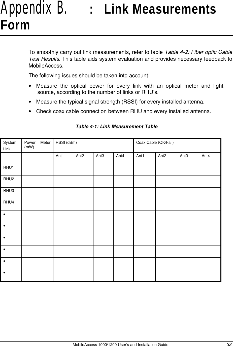 MobileAccess 1000/1200 User’s and Installation Guide 33 Appendix B. : Link Measurements Form To smoothly carry out link measurements, refer to table Table 4-2: Fiber optic Cable Test Results. This table aids system evaluation and provides necessary feedback to MobileAccess. The following issues should be taken into account: • Measure the optical power for every link with an optical meter and light source, according to the number of links or RHU’s. • Measure the typical signal strength (RSSI) for every installed antenna. • Check coax cable connection between RHU and every installed antenna. Table 4-1: Link Measurement Table System Link Power Meter (mW) RSSI (dBm) Coax Cable (OK/Fail) Ant1 Ant2 Ant3 Ant4 Ant1 Ant2 Ant3 Ant4 RHU1 RHU2 RHU3 RHU4 • • • • • •