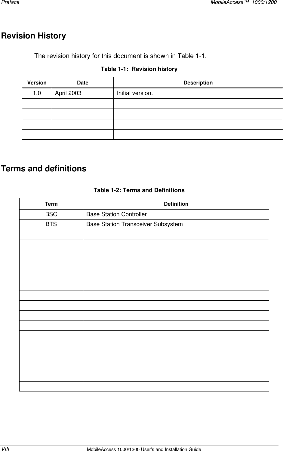 Preface MobileAccess™ 1000/1200 VIII MobileAccess 1000/1200 User’s and Installation Guide Revision History The revision history for this document is shown in Table 1-1. Table 1-1: Revision history Version Date Description 1.0 April 2003 Initial version. Terms and definitions Table 1-2: Terms and Definitions Term Definition BSC Base Station Controller BTS Base Station Transceiver Subsystem