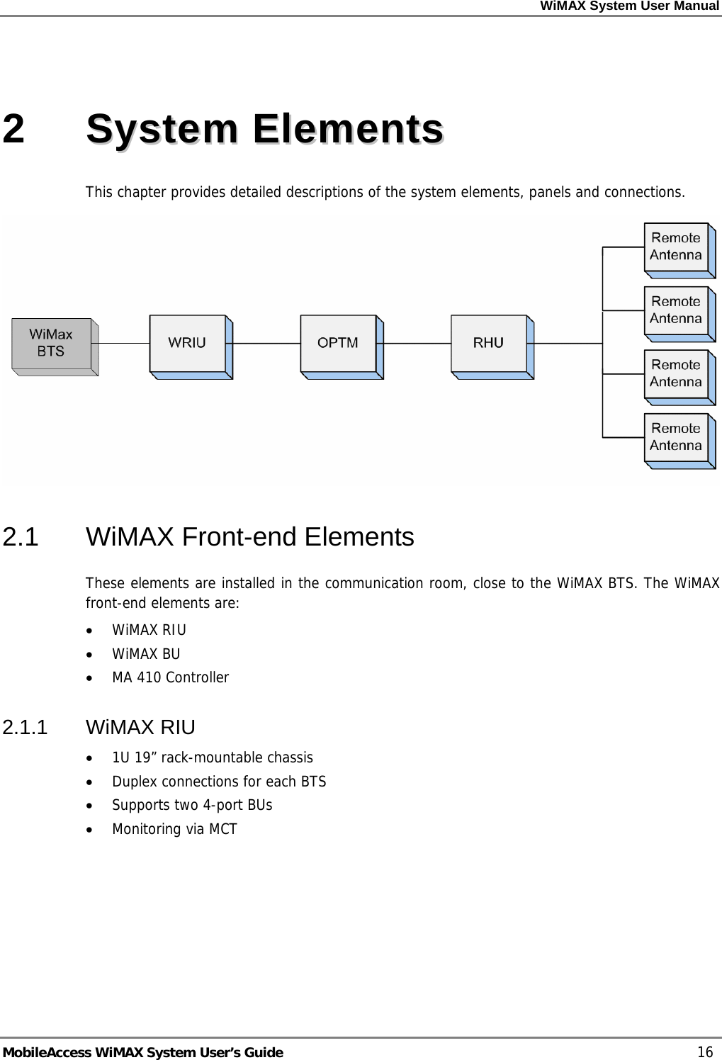 WiMAX System User Manual MobileAccess WiMAX System User’s Guide 16 2 SSyysstteemm EElleemmeennttss This chapter provides detailed descriptions of the system elements, panels and connections. 2.1 WiMAX Front-end Elements These elements are installed in the communication room, close to the WiMAX BTS. The WiMAX front-end elements are: • WiMAX RIU • WiMAX BU • MA 410 Controller 2.1.1 WiMAX RIU • 1U 19” rack-mountable chassis • Duplex connections for each BTS • Supports two 4-port BUs • Monitoring via MCT