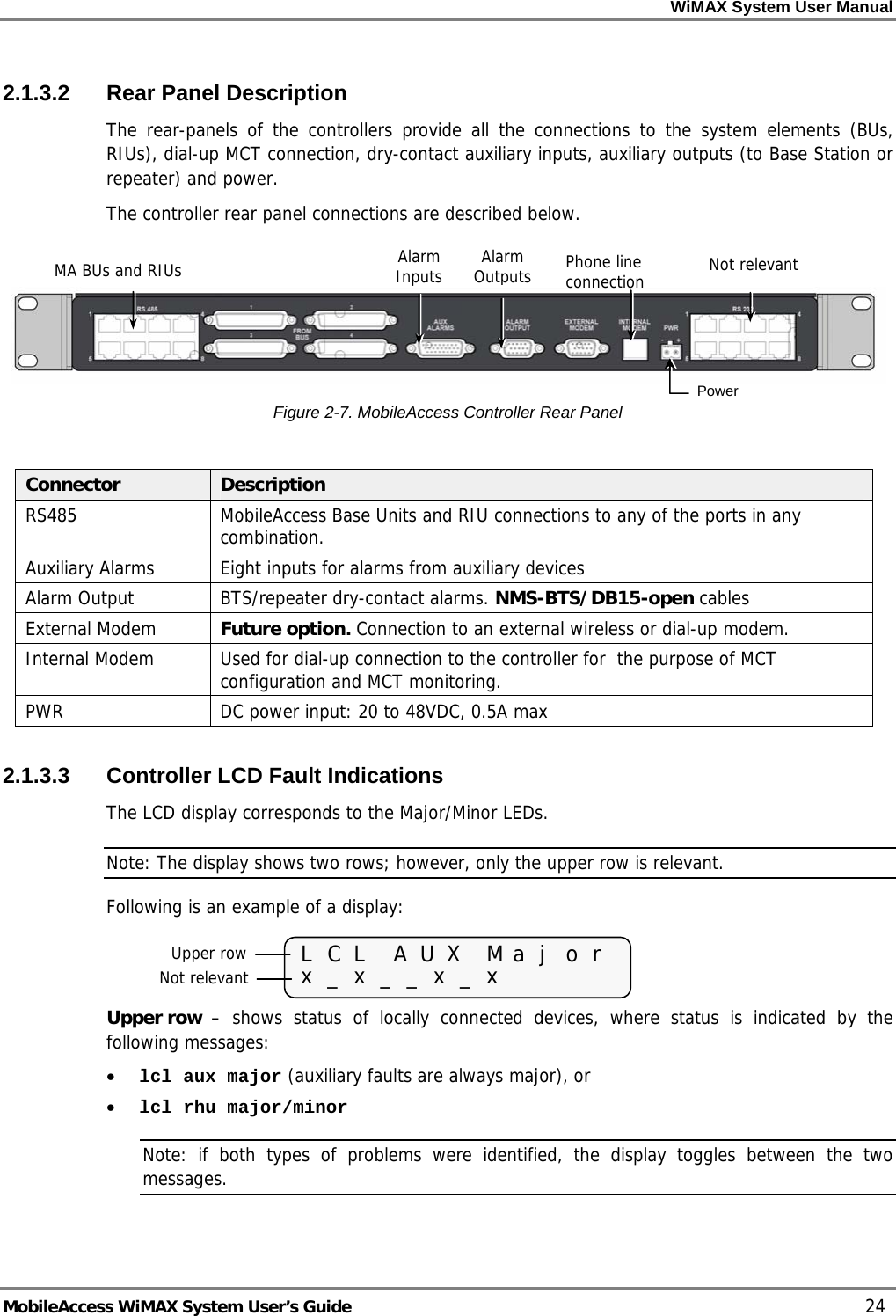 WiMAX System User Manual MobileAccess WiMAX System User’s Guide 24 2.1.3.2 Rear Panel Description The rear-panels of the controllers provide all the connections to the system elements (BUs, RIUs), dial-up MCT connection, dry-contact auxiliary inputs, auxiliary outputs (to Base Station or repeater) and power. The controller rear panel connections are described below. Figure 2-7. MobileAccess Controller Rear Panel Connector Description RS485 MobileAccess Base Units and RIU connections to any of the ports in any combination. Auxiliary Alarms Eight inputs for alarms from auxiliary devices Alarm Output BTS/repeater dry-contact alarms. NMS-BTS/DB15-open cables External Modem Future option. Connection to an external wireless or dial-up modem. Internal Modem Used for dial-up connection to the controller for the purpose of MCT configuration and MCT monitoring. PWR DC power input: 20 to 48VDC, 0.5A max 2.1.3.3 Controller LCD Fault Indications The LCD display corresponds to the Major/Minor LEDs. Note: The display shows two rows; however, only the upper row is relevant. Following is an example of a display: Upper row – shows status of locally connected devices, where status is indicated by the following messages: • lcl aux major (auxiliary faults are always major), or • lcl rhu major/minor Note: if both types of problems were identified, the display toggles between the two messages. Power Not relevantPhone line connectionAlarm OutputsAlarm Inputs MA BUs and RIUs L C L A U X M a j o r x _ x _ _ x _ x Upper row Not relevant