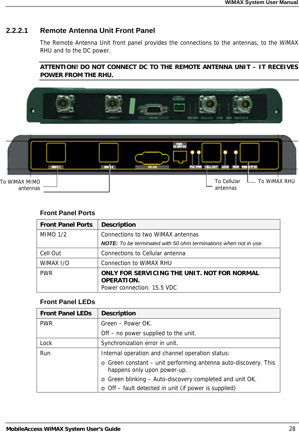 WiMAX System User Manual MobileAccess WiMAX System User’s Guide 28 2.2.2.1 Remote Antenna Unit Front Panel The Remote Antenna Unit front panel provides the connections to the antennas, to the WiMAX RHU and to the DC power. ATTENTION! DO NOT CONNECT DC TO THE REMOTE ANTENNA UNIT – IT RECEIVES POWER FROM THE RHU. Front Panel Ports Front Panel Ports Description MIMO 1/2 Connections to two WiMAX antennas NOTE: To be terminated with 50 ohm terminations when not in use. Cell Out Connections to Cellular antenna WiMAX I/O Connection to WiMAX RHU PWR ONLY FOR SERVICING THE UNIT. NOT FOR NORMAL OPERATION. Power connection: 15.5 VDC Front Panel LEDs Front Panel LEDs Description PWR Green – Power OK. Off – no power supplied to the unit. Lock Synchronization error in unit. Run Internal operation and channel operation status: o Green constant – unit performing antenna auto-discovery. This happens only upon power-up. o Green blinking – Auto-discovery completed and unit OK. o Off – fault detected in unit (if power is supplied) To WiMAX MIMO antennas To WiMAX RHU To Cellular antennas