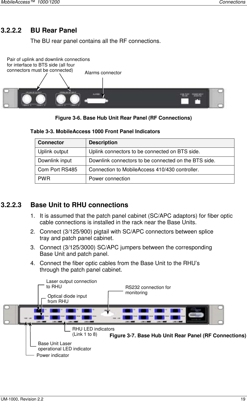 MobileAccess™ 1000/1200 Connections UM-1000, Revision 2.2 19 3.2.2.2 BU Rear Panel The BU rear panel contains all the RF connections. Figure 3-6. Base Hub Unit Rear Panel (RF Connections) Table 3-3. MobileAccess 1000 Front Panel Indicators Connector Description Uplink output Uplink connectors to be connected on BTS side. Downlink input Downlink connectors to be connected on the BTS side. Com Port RS485 Connection to MobileAccess 410/430 controller. PWR Power connection 3.2.2.3 Base Unit to RHU connections 1. It is assumed that the patch panel cabinet (SC/APC adaptors) for fiber optic cable connections is installed in the rack near the Base Units. 2. Connect (3/125/900) pigtail with SC/APC connectors between splice tray and patch panel cabinet. 3. Connect (3/125/3000) SC/APC jumpers between the corresponding Base Unit and patch panel. 4. Connect the fiber optic cables from the Base Unit to the RHU’s through the patch panel cabinet. Figure 3-7. Base Hub Unit Rear Panel (RF Connections) Laser output connection to RHU Optical diode input from RHU Base Unit Laser operational LED indicator RHU LED indicators (Link 1 to 8) RS232 connection for monitoring Power indicator Pair of uplink and downlink connections for interface to BTS side (all four connectors must be connected) Alarms connector