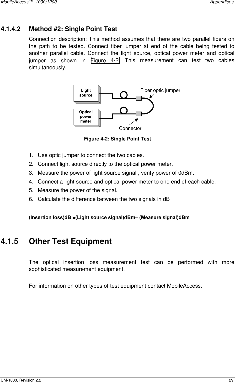 MobileAccess™ 1000/1200 Appendices UM-1000, Revision 2.2 29 4.1.4.2 Method #2: Single Point Test Connection description: This method assumes that there are two parallel fibers on the path to be tested. Connect fiber jumper at end of the cable being tested to another parallel cable. Connect the light source, optical power meter and optical jumper as shown in Figure 4-2. This measurement can test two cables simultaneously. LightsourceOpticalpowermeterConnectorFiber optic jumper Figure 4-2: Single Point Test 1. Use optic jumper to connect the two cables. 2. Connect light source directly to the optical power meter. 3. Measure the power of light source signal , verify power of 0dBm. 4. Connect a light source and optical power meter to one end of each cable. 5. Measure the power of the signal. 6. Calculate the difference between the two signals in dB (Insertion loss)dB =(Light source signal)dBm– (Measure signal)dBm 4.1.5 Other Test Equipment The optical insertion loss measurement test can be performed with more sophisticated measurement equipment. For information on other types of test equipment contact MobileAccess.