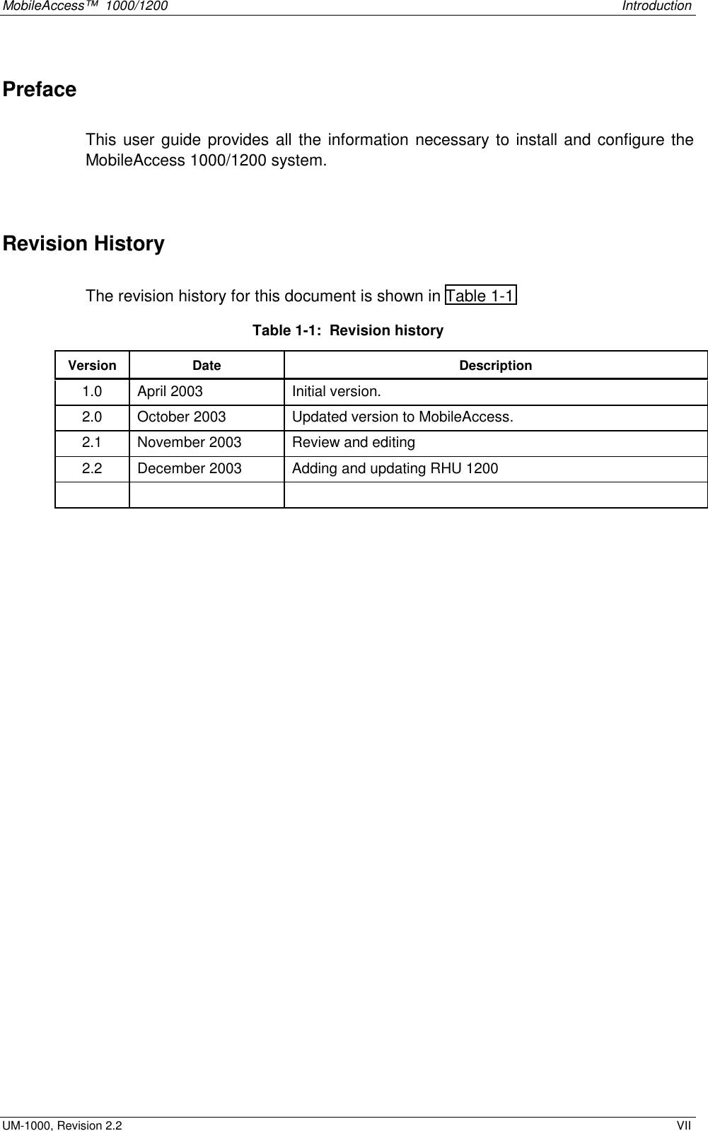 MobileAccess™ 1000/1200 Introduction UM-1000, Revision 2.2 VII Preface This user guide provides all the information necessary to install and configure the MobileAccess 1000/1200 system. Revision History The revision history for this document is shown in Table 1-1. Table 1-1: Revision history Version Date Description 1.0 April 2003 Initial version. 2.0 October 2003 Updated version to MobileAccess. 2.1 November 2003 Review and editing 2.2 December 2003 Adding and updating RHU 1200