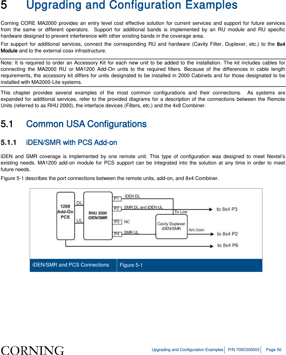 Upgrading and Configuration Examples P/N 709C006503 Page 50 5 Upgrading and Configuration Examples Corning CORE MA2000 provides an entry level cost effective solution for current services and support for future services from the same or different operators. Support for additional bands is implemented by an RU module and RU specific hardware designed to prevent interference with other existing bands in the coverage area. For support for additional services, connect the corresponding RU and hardware (Cavity Filter, Duplexer, etc.) to the 8x4 Module and to the external coax infrastructure. Note: It is required to order an Accessory Kit for each new unit to be added to the installation. The kit includes cables for connecting the MA2000 RU or MA1200 Add-On units to the required filters. Because of the differences in cable length requirements, the accessory kit differs for units designated to be installed in 2000 Cabinets and for those designated to be installed with MA2000-Lite systems. This chapter provides several examples of the most common configurations and their connections. As systems are expanded for additional services, refer to the provided diagrams for a description of the connections between the Remote Units (referred to as RHU 2000), the interface devices (Filters, etc.) and the 4x8 Combiner. 5.1 Common USA Configurations 5.1.1 iDEN/SMR with PCS Add-on iDEN and SMR coverage is implemented by one remote unit. This type of configuration was designed to meet Nextel’s existing needs. MA1200 add-on module for PCS support can be integrated into the solution at any time in order to meet future needs. Figure 5-1 describes the port connections between the remote units, add-on, and 8x4 Combiner. iDEN/SMR and PCS Connections Figure 5-1