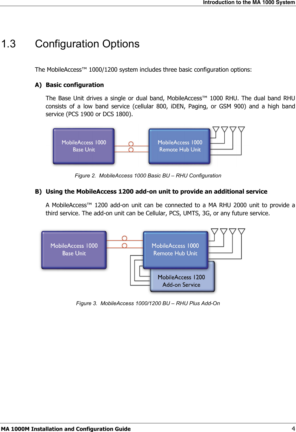 Introduction to the MA 1000 System  MA 1000M Installation and Configuration Guide    4  1.3 Configuration Options  The MobileAccess™ 1000/1200 system includes three basic configuration options: A) Basic configuration The Base Unit drives a single or dual band, MobileAccess™ 1000 RHU. The dual band RHU consists of a low band service (cellular 800, iDEN, Paging, or GSM 900) and a high band service (PCS 1900 or DCS 1800).  Figure 2.  MobileAccess 1000 Basic BU – RHU Configuration B) Using the MobileAccess 1200 add-on unit to provide an additional service A MobileAccess™ 1200 add-on unit can be connected to a MA RHU 2000 unit to provide a third service. The add-on unit can be Cellular, PCS, UMTS, 3G, or any future service.   Figure 3.  MobileAccess 1000/1200 BU – RHU Plus Add-On  