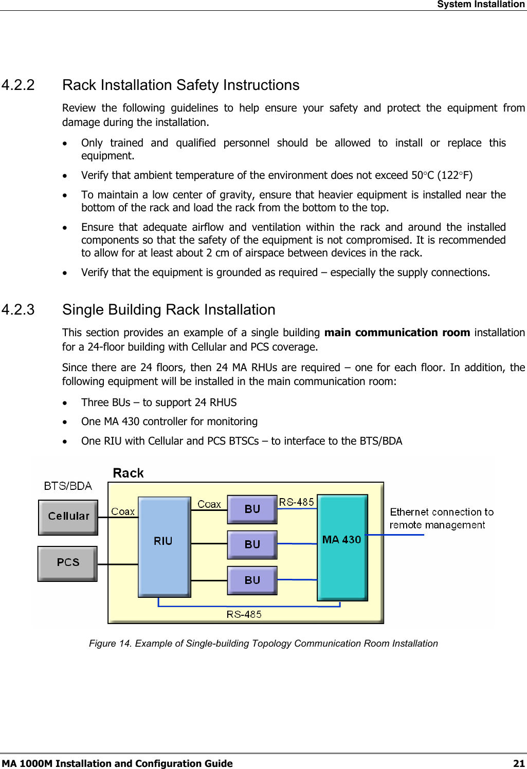 System Installation  MA 1000M Installation and Configuration Guide  21  4.2.2  Rack Installation Safety Instructions Review the following guidelines to help ensure your safety and protect the equipment from damage during the installation. • Only trained and qualified personnel should be allowed to install or replace this equipment. • Verify that ambient temperature of the environment does not exceed 50°C (122°F) • To maintain a low center of gravity, ensure that heavier equipment is installed near the bottom of the rack and load the rack from the bottom to the top.   • Ensure that adequate airflow and ventilation within the rack and around the installed components so that the safety of the equipment is not compromised. It is recommended to allow for at least about 2 cm of airspace between devices in the rack. • Verify that the equipment is grounded as required – especially the supply connections. 4.2.3  Single Building Rack Installation This section provides an example of a single building main communication room installation for a 24-floor building with Cellular and PCS coverage. Since there are 24 floors, then 24 MA RHUs are required – one for each floor. In addition, the following equipment will be installed in the main communication room: • Three BUs – to support 24 RHUS • One MA 430 controller for monitoring  • One RIU with Cellular and PCS BTSCs – to interface to the BTS/BDA  Figure 14. Example of Single-building Topology Communication Room Installation 